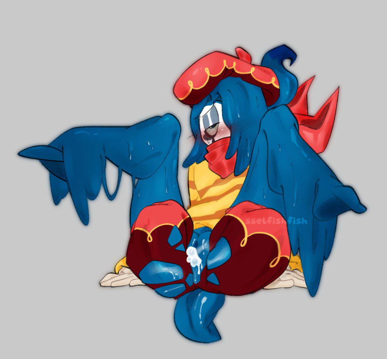 2d, 2d (artwork), 2d artwork, bandana, beret, black eyes, black eyeshadow, blot (dandy's world), blue body, blue skin, blush, blush lines, blushed face, blushing male, clothed, colored, cum, cum bubble, cum bubbles, cum in pussy, cum inside, cuntboy, cuntboy focus, cuntboy only, dandy's world, dark eyes, dripping, dripping cum, eyes rolling back, eyeshadow, facepaint, festive, festive clothing, gloves, goo, goo creature, goo dripping, goo hair, hair over one eye, intersex, makeup, male, mime, mouthless, no background, no shoes, pussy, red bandana, red bandanna, red beret, red shorts, ripped clothing, ripped pants, selfish fish, show-time blot, spread legs, spread pussy, spreading, striped shirt, striped sweater, sweating, tail, trans man, transgender, transgender male, transgender man, transman, transmasc, uncensored, uncensored pussy, uncensored vagina, white face, white face paint, white gloves, yellow shirt, yellow sweater