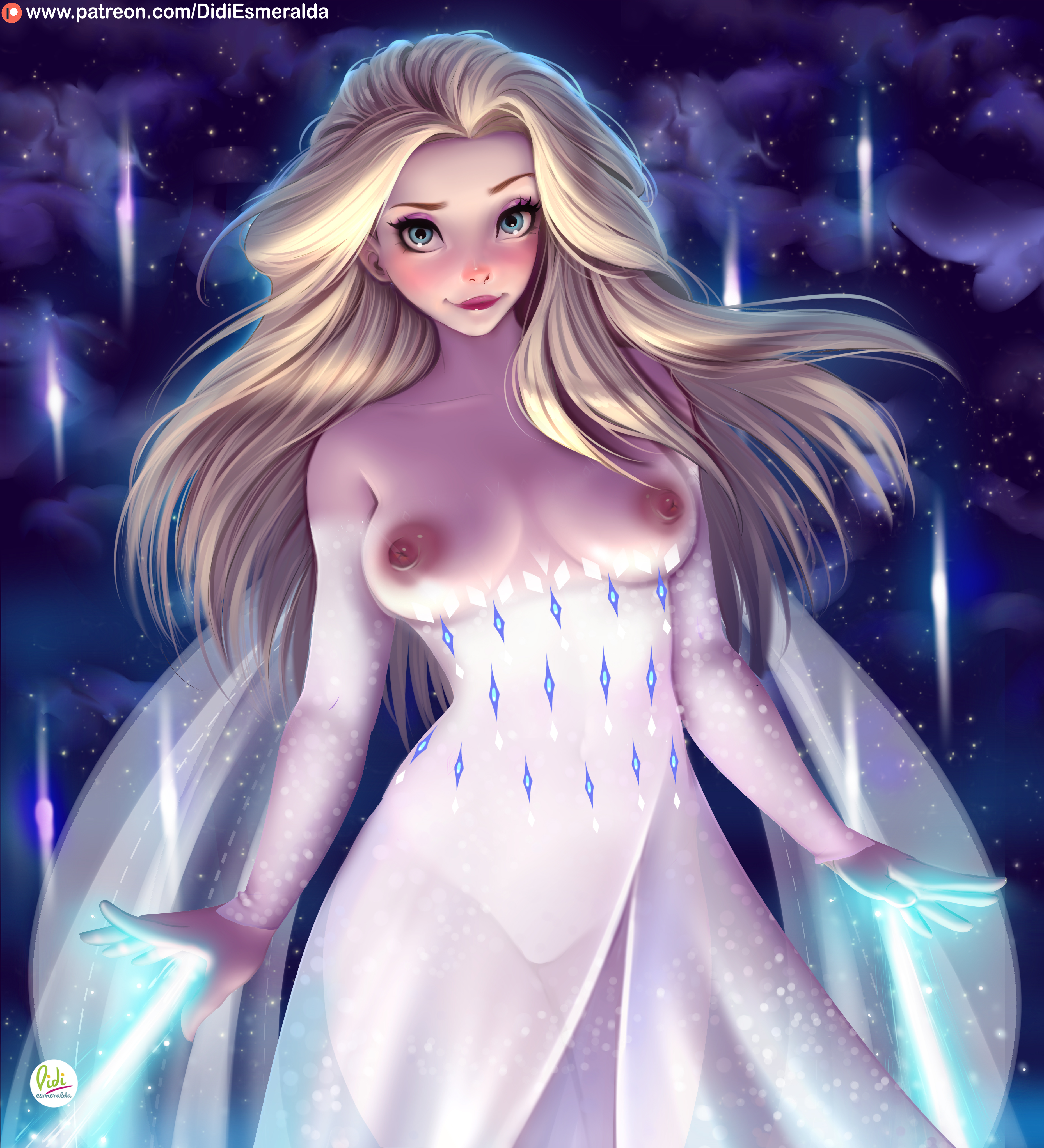 blonde hair, breasts, didi esmeralda, disney, elsa (frozen), female, frozen (film), frozen 2, hair down, highres, large breasts, long hair, nipples, solo, standing