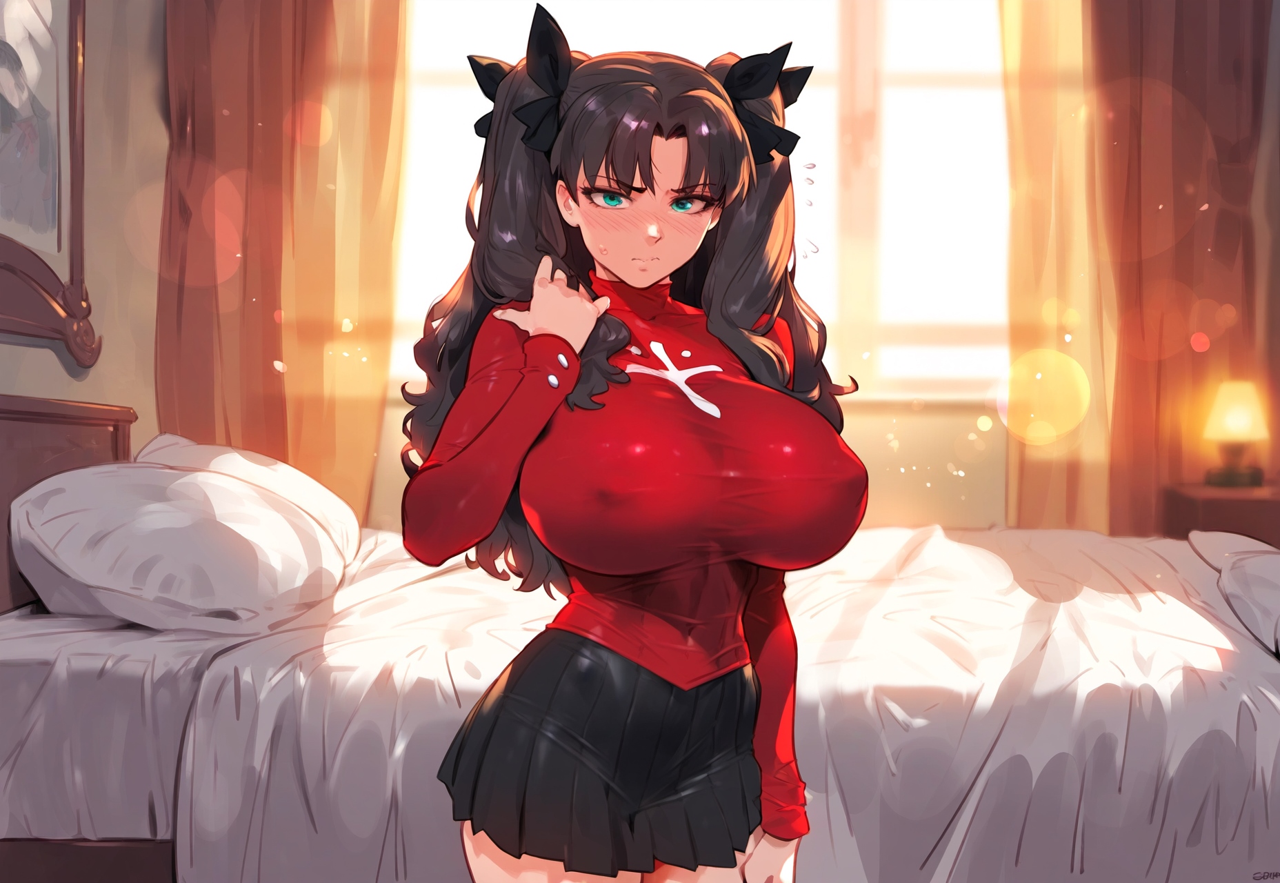 1girls, ai generated, bedroom, benisman, blush, breasts, brown hair, dressed, fate (series), fate/stay night, female, hi res, huge breasts, looking at viewer, skirt, sweater, thick thighs, tohsaka rin, twintails