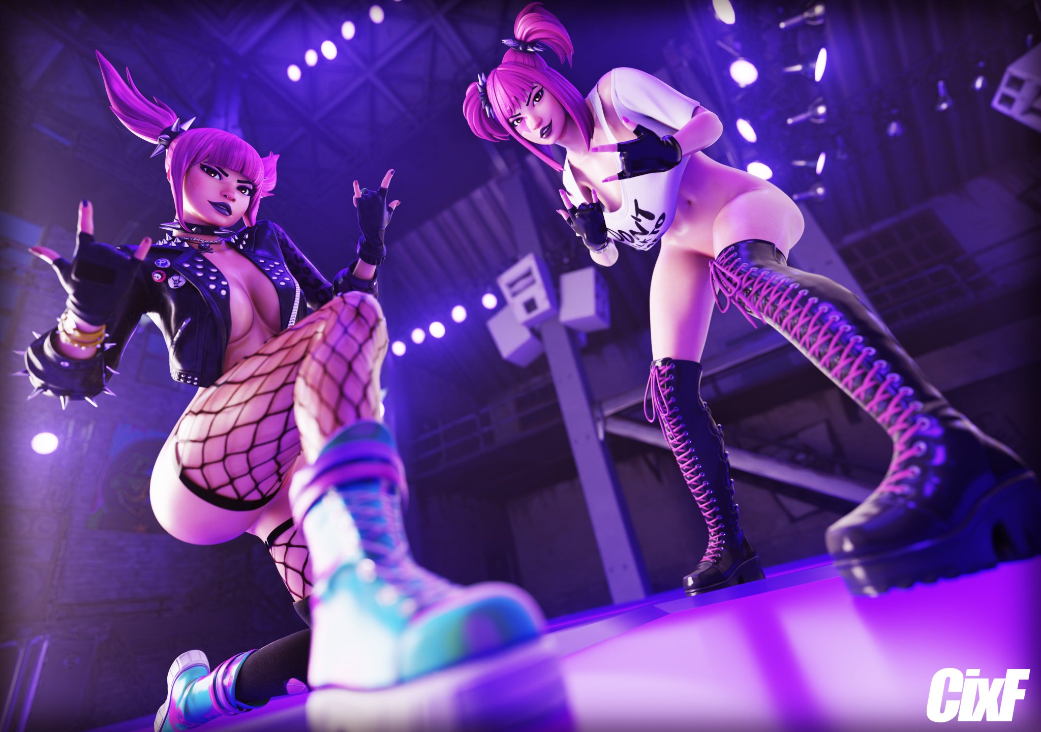 3d, 3d (artwork), ass, big ass, big breasts, bottomless, bottomless female, breasts, breasts out, choker, cixf, clothed, clothed female, clothing, devil horns, drop dee (fortnite), facepaint, female, female focus, female only, fingerless gloves, fishnet, fishnet legwear, fishnets, fortnite, functionally nude, gloves, hand gesture, jacket, jacket open, mostly nude, mostly nude female, naked footwear, necklace, partially clothed, partially clothed female, pink hair, pink-haired female, pose, posing, power punk (fortnite), public, public nudity, twintails, watermark