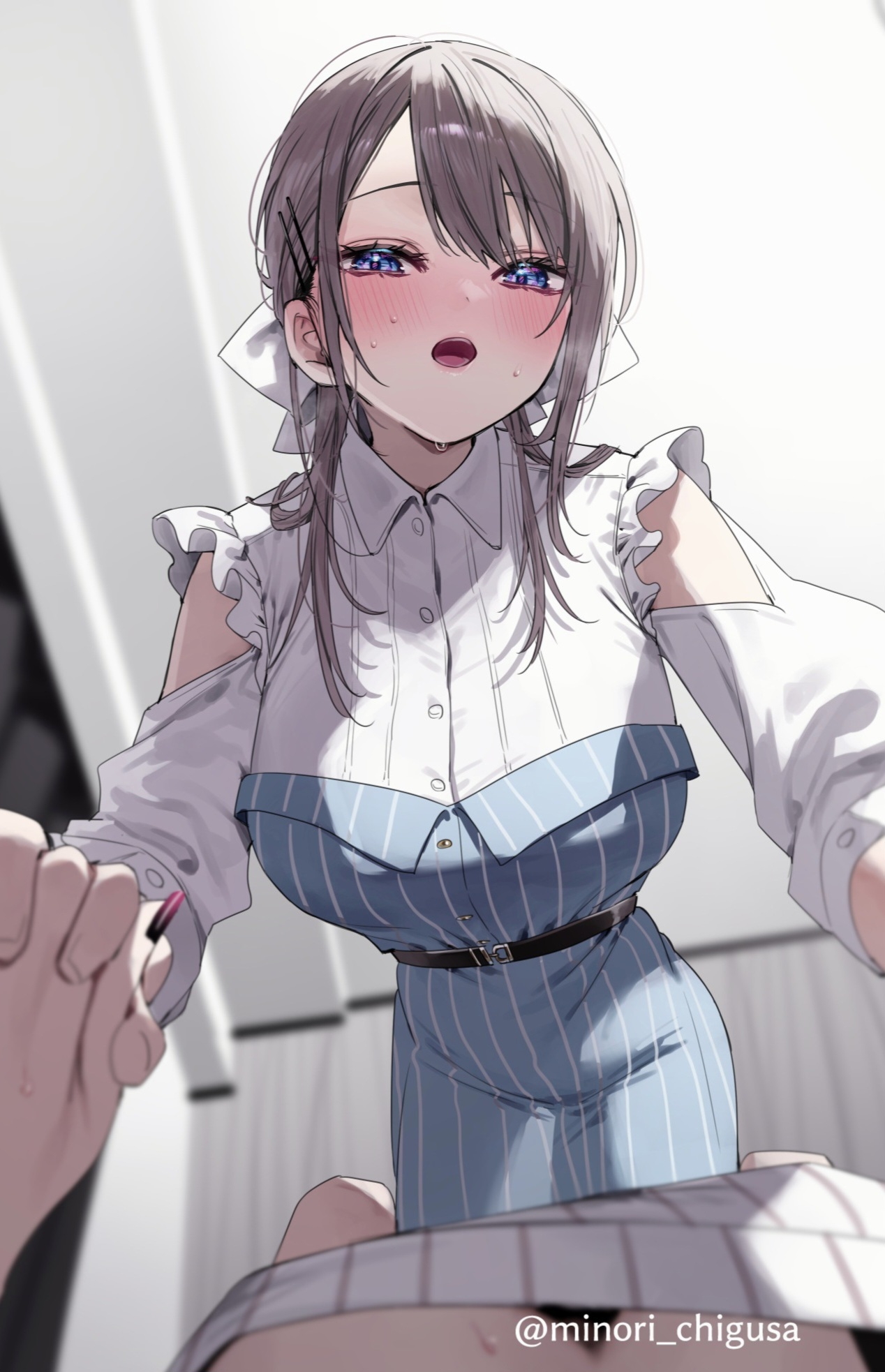 2girls, big breasts, blue eyes, breasts, chigusa minori, female, female focus, female only, female pov, holding hands, indoors, looking at viewer, lying, multiple females, multiple girls, nail polish, open mouth, pov, saotome shino, shino to ren, solo focus, tied hair, yuri