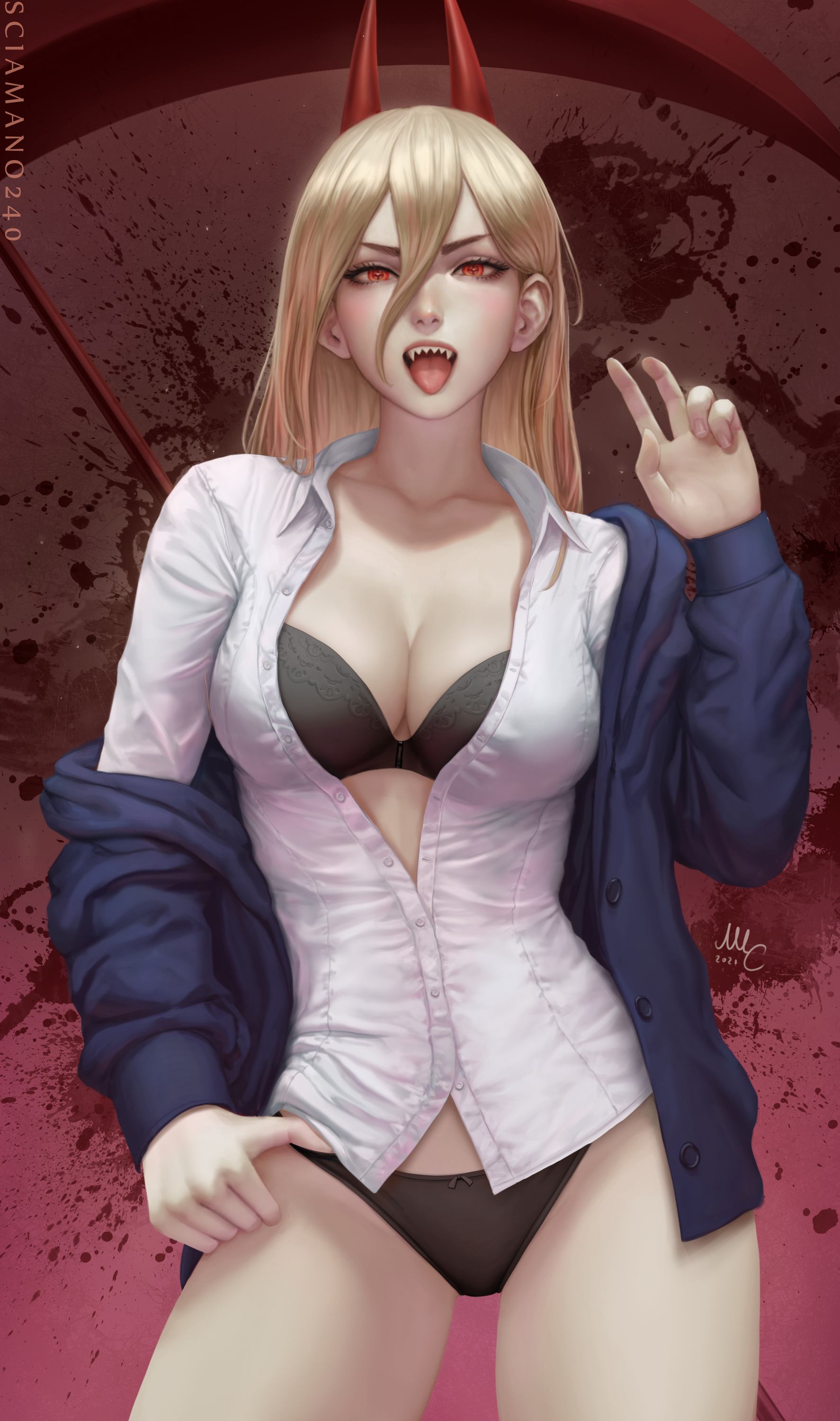 1girls, areolae, black bra, black panties, blonde, blonde female, blonde hair, blush, blushing, breasts, chainsaw man, demon, demon girl, female, long hair, power (chainsaw man), red background, red eyes, red horns, sciamano240, sharp teeth, watermark