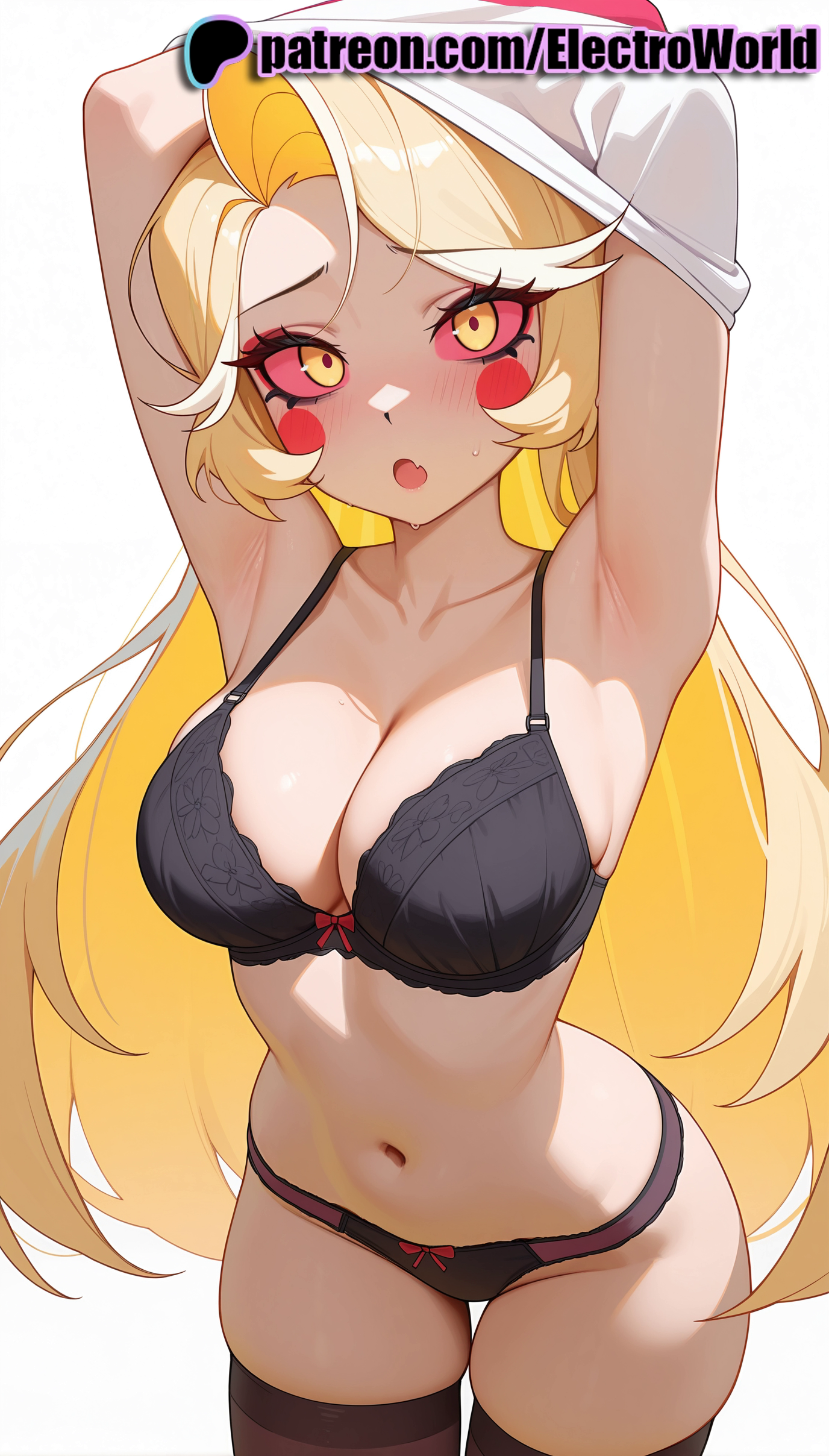 1girls, 2025, ai assisted, ai generated, anime, anime girl, anime style, armpits, arms up, artist name, big breasts, big chest, black bra, black legwear, black panties, blonde hair, blush, bow, bra, breasts, bust, busty, charlie morningstar, charlie morningstar (hazbin hotel), chest, collarbone, electroworld, female, hazbin hotel, hi res, high quality, high resolution, highres, large breasts, long hair, looking at viewer, mole, mole under eye, navel, oerba yun fang, open mouth, orange eyes, panties, patreon, patreon username, skindentation, solo, stable diffusion, thighhighs, thighs, underwear, undressing, watermark