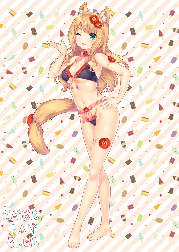 1girls animal_ears bikini blonde_hair blush cat_ears cleavage female female_only full_body green_eyes hair_flower hair_ornament hand_on_hip kemonomimi looking_at_viewer maple_(sayori) nekomimi nekopara one_eye_closed open_mouth sayori simple_background smile solo standing swimsuit tail thigh_strap wink