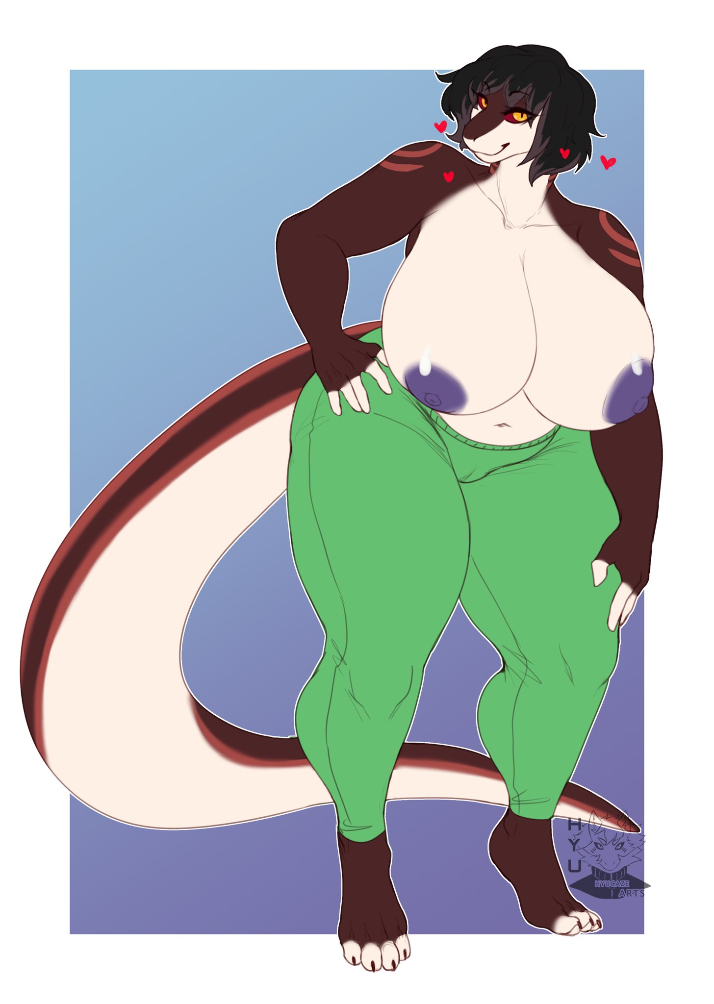 1girls, anthro, big breasts, black hair, breasts, chubby, cleavage, female, female only, furry, gretchen (kazeattor), huge breasts, hyucaze, kazeattor, large breasts, looking at viewer, red sclera, scalie, short hair, simple background, smile, solo, thick thighs, thighs, topless, yellow eyes