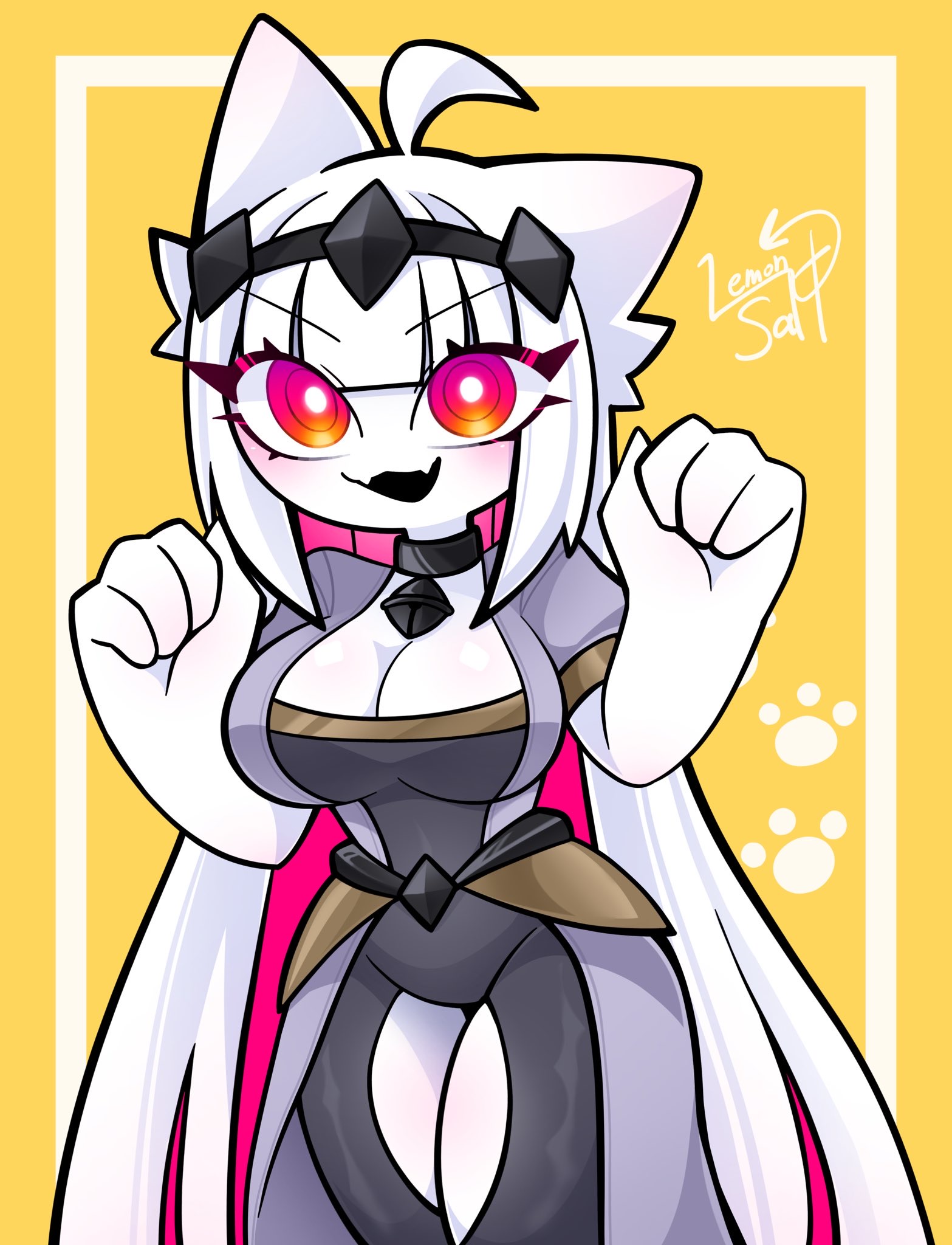 ahoge, bell, big breasts, breasts, cat ears, cat girl, cat humanoid, catgirl, crown, female, friday night funkin, friday night funkin mod, huge breasts, jewelry, lemonsalt oc, long hair, nikusa (sugarratio), orange eyes, pink hair, pink skin, white hair, white skin, yellow eyes