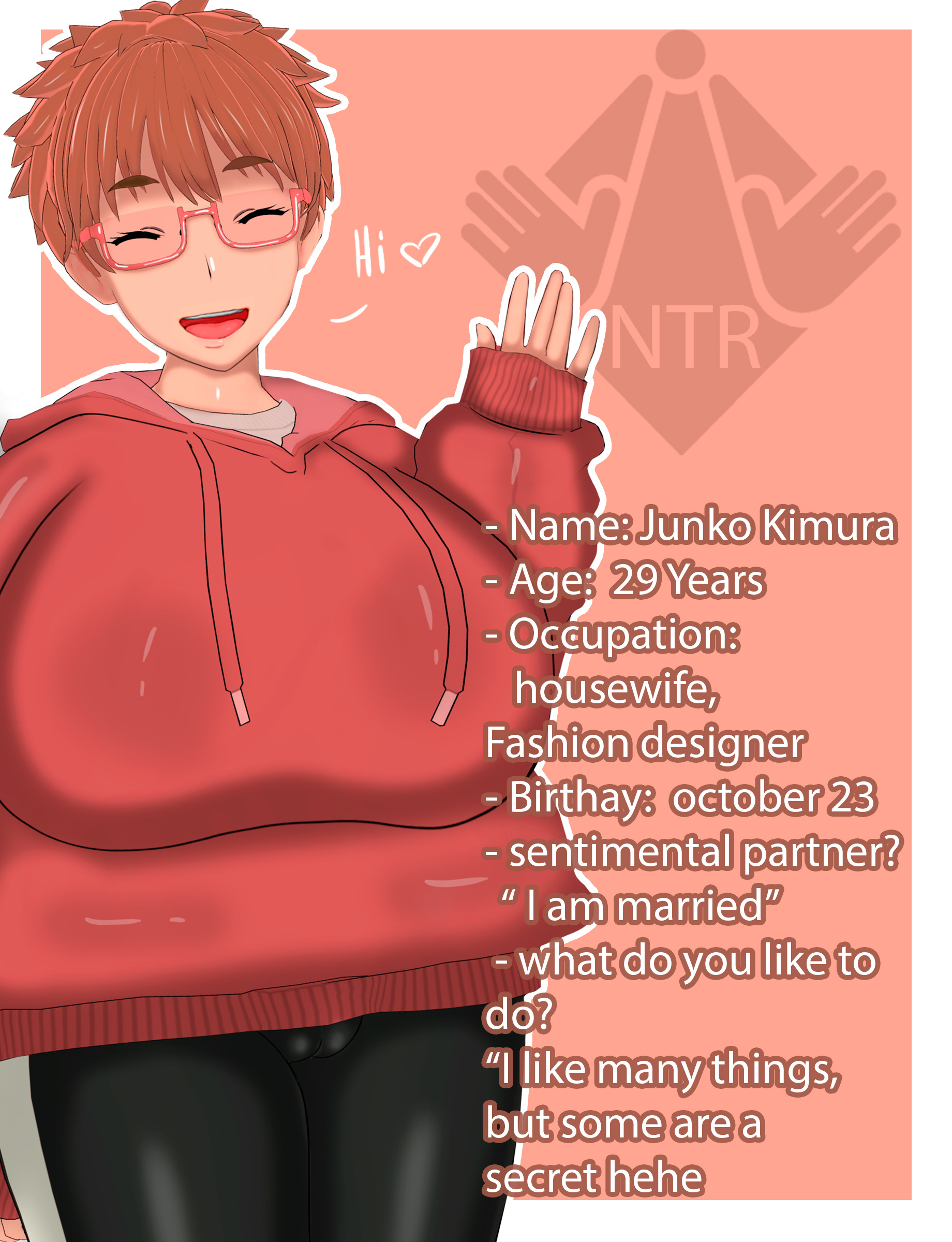 :d, 1girls, 3d, absurd res, absurdres, big breasts, breasts, brown hair, cameltoe, character sheet, closed eyes, dialogue, english text, female, glasses, hi res, high resolution, highres, junko kimura (vyrus smith), light brown hair, married female, mature, mature female, ntr, open mouth, open smile, original, pussy, text, vyrus smith