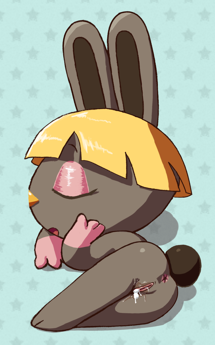 1girls after_sex animal_crossing anus ass bangs blonde_hair blunt_bangs bonbon_(animal_crossing) bunny_ears bunny_girl bunny_tail closed_eyes cum cum_in_pussy cum_inside cum_on_thighs eyelashes eyeshadow female female_focus female_only fur furry furry_ears furry_only furry_tail grey_body grey_fur hand_on_cheek lagomorph lagomorph_humanoid nintendo nude nude_female open_mouth pussy pussy_juice resting simple_background solo solo_female solo_focus soubriquetrouge star tail yellow_nose