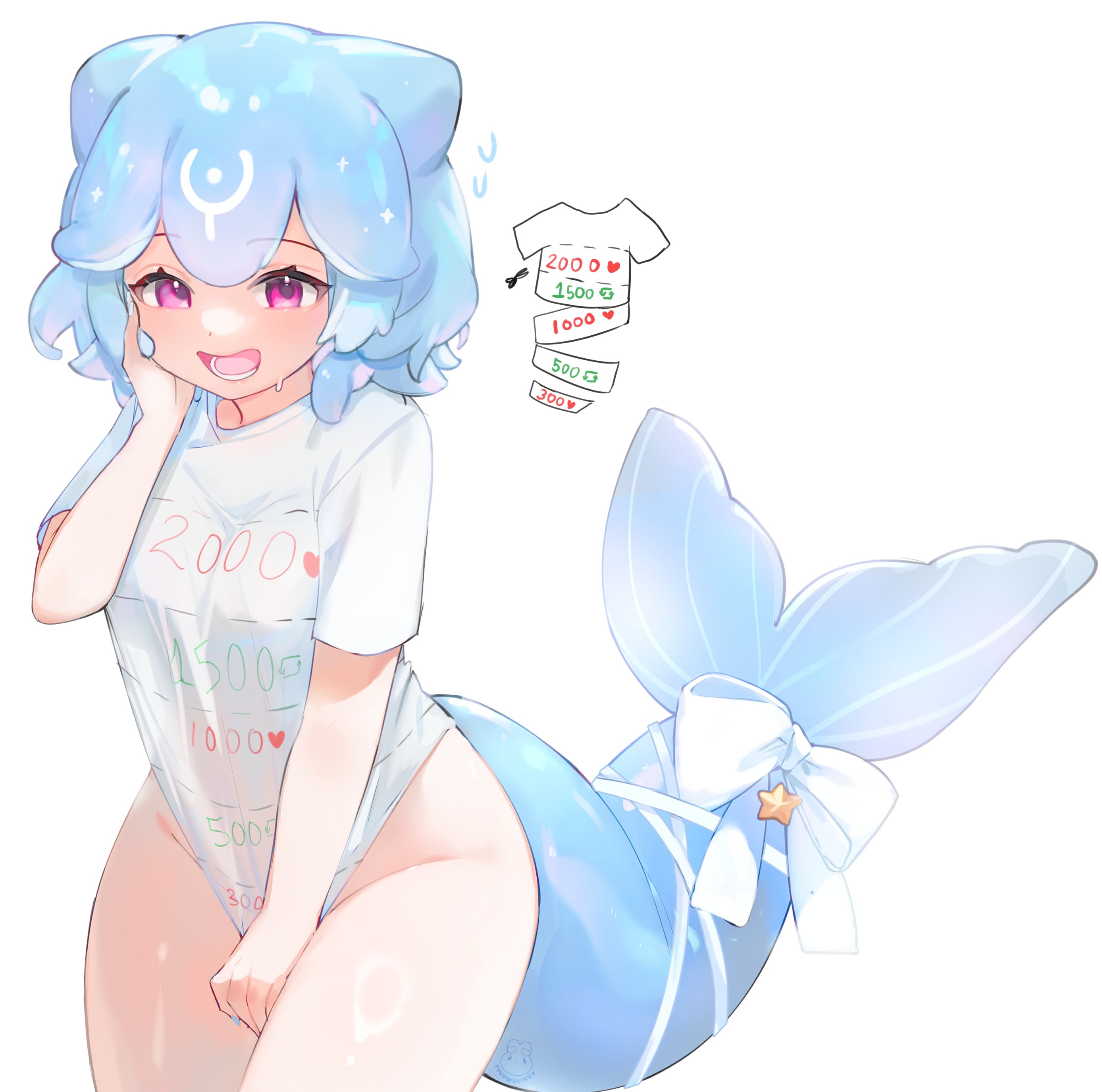 1girls, bao (vtuber), blue hair, blush, breasts, female, female only, huge breasts, indie virtual youtuber, light skin, light-skinned female, like and retweet, like icon, no bra, open mouth, pink eyes, retweet icon, shirt, solo, t-shirt, tail, virtual youtuber, whale girl, whale tail, wuwuliny