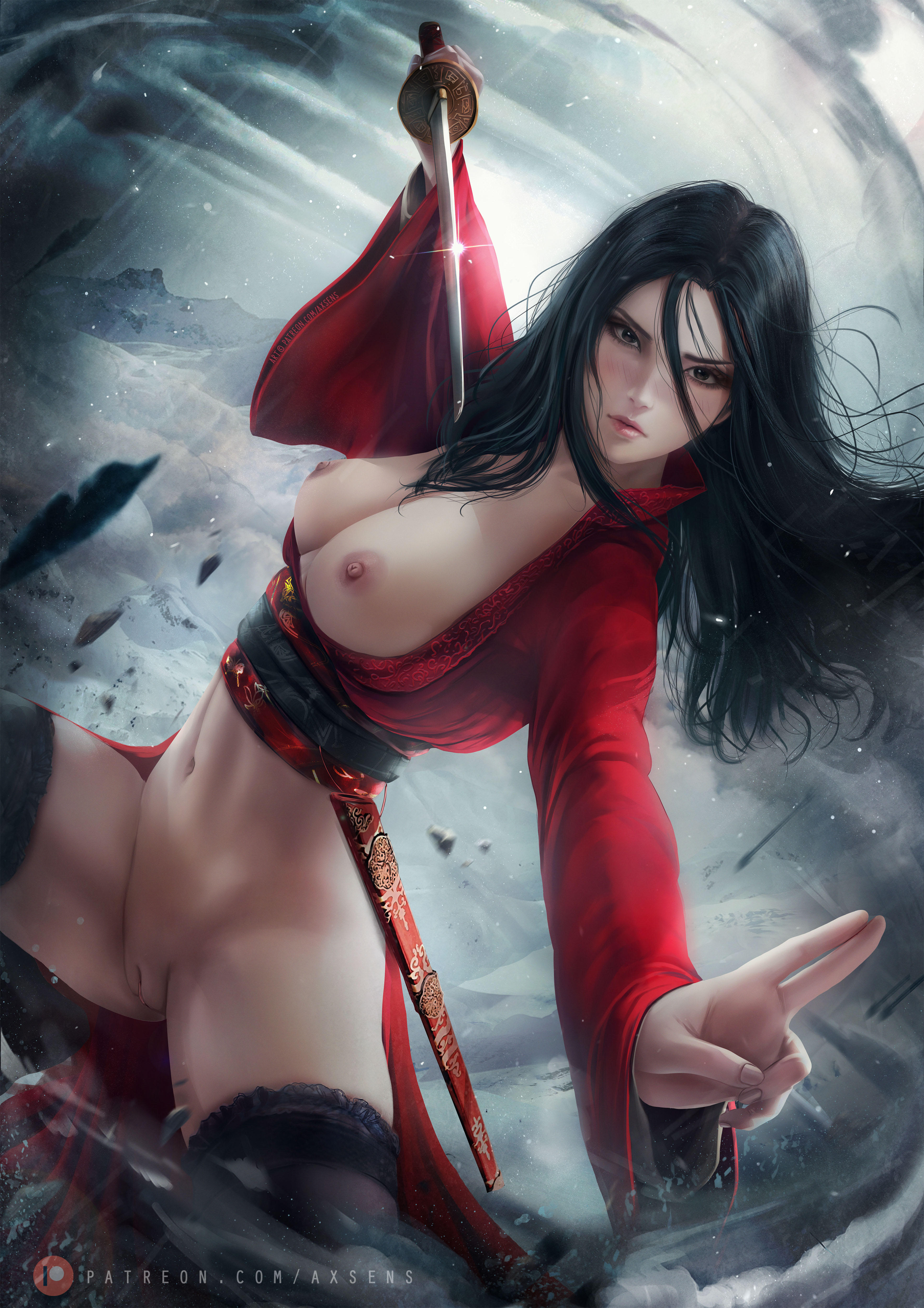 axsens, black hair, bottomless, breasts, breasts out, disney, disney princess, exposed breasts, fa mulan, female, highres, large breasts, long hair, mulan, nipples, no panties, patreon, realistic, solo, stockings