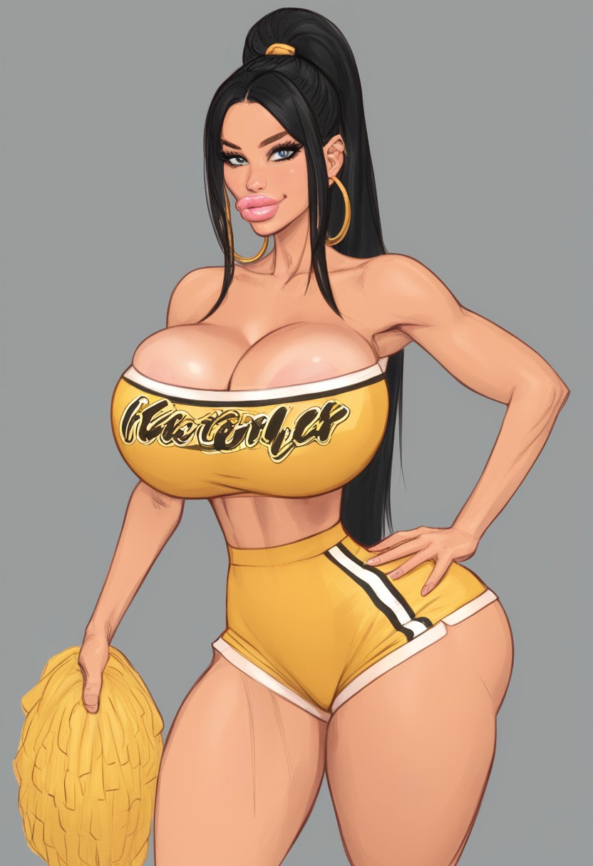 ai ai_generated big_lips bimbo black_hair cheerleader cheerleader_uniform huge_breasts oc original original_character penelope_jameson pom_poms