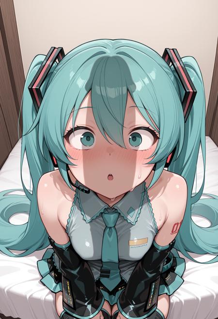 :o, 1boy, 1girl, ai generated, aqua eyes, aqua hair, bare shoulders, bed, black skirt, blush, breasts, detached sleeves, female, hair between eyes, hair ornament, hands on lap, hatsune miku, headphones, headset, hetero, long hair, looking at viewer, male, necktie, on bed, open mouth, penis, penis awe, penis shadow, pleated skirt, seiza, shirt, sitting, skirt, solo focus, sweat, tattoo, thighhighs, twintails, very long hair, vocaloid, wide-eyed