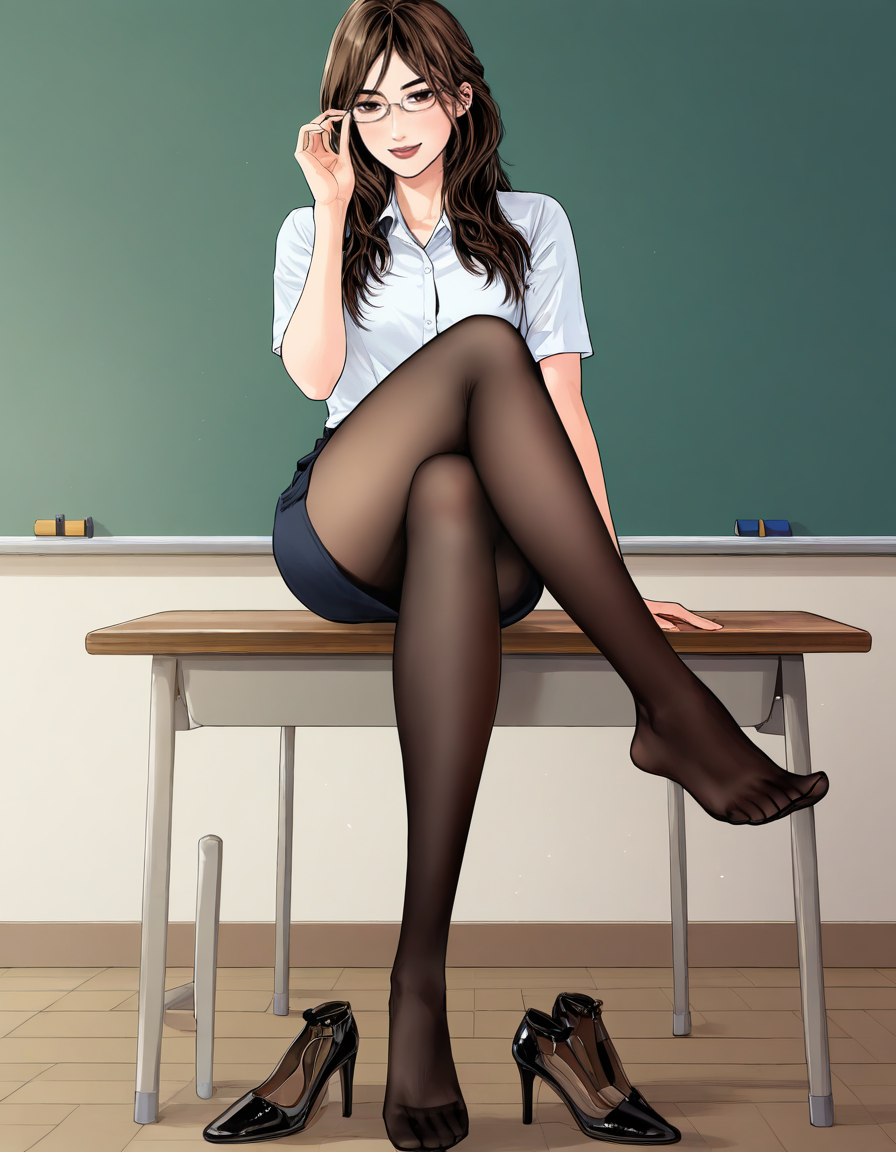 adjusting_eyewear ai_generated black_pantyhose brown_hair chalkboard classroom collared_shirt crossed_legs female full_body glasses initial_d kaori kaori_(initial_d) looking_at_viewer pencil_skirt seductive_smile sitting solo table teacher unworn_shoes