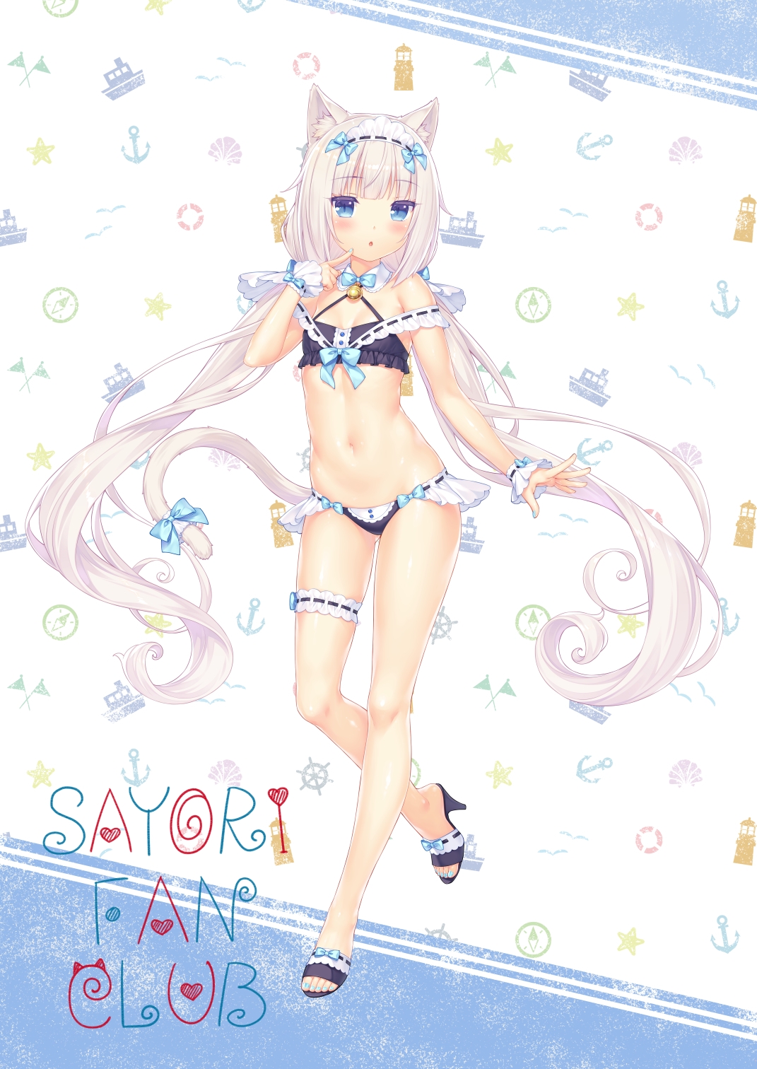 1girls, animal ears, blonde hair, blue eyes, blunt bangs, blush, bra, breasts, cat ears, female, female only, full body, hair ornament, hair ribbon, kemonomimi, lingerie, lingerie only, long hair, looking at viewer, low twintails, maid, maid headdress, nail polish, nekomimi, nekopara, panties, sayori, simple background, small breasts, solo, standing, tail, tail ribbon, thigh strap, twintails, vanilla (sayori)