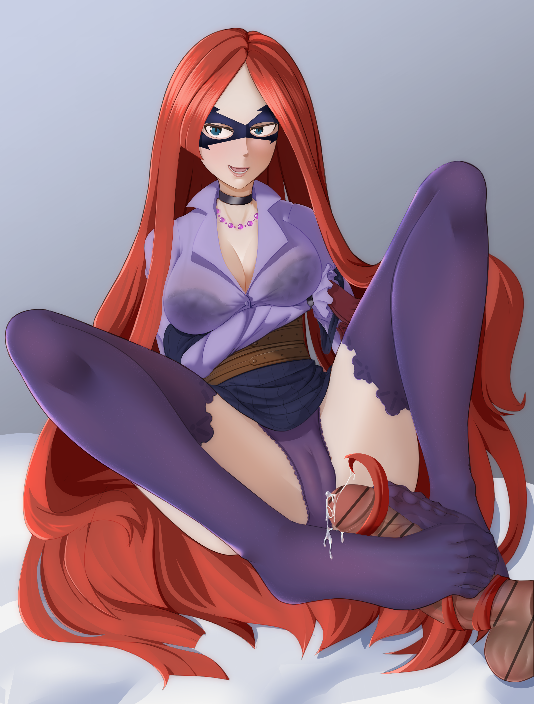 1girls, big breasts, blue eyes, boku no hero academia, breasts, cameltoe, censored, cleavage, clothed female, clothed female nude male, daro, female, footjob, footjob with legwear, hairjob, hasaki kiruka, kiruka hasaki (my hero academia), long hair, male, mask, mature female, my hero academia, my hero academia: heroes: rising, panties, penis, pussy, red hair, slice (my hero academia), thick thighs, thighhighs, very long hair