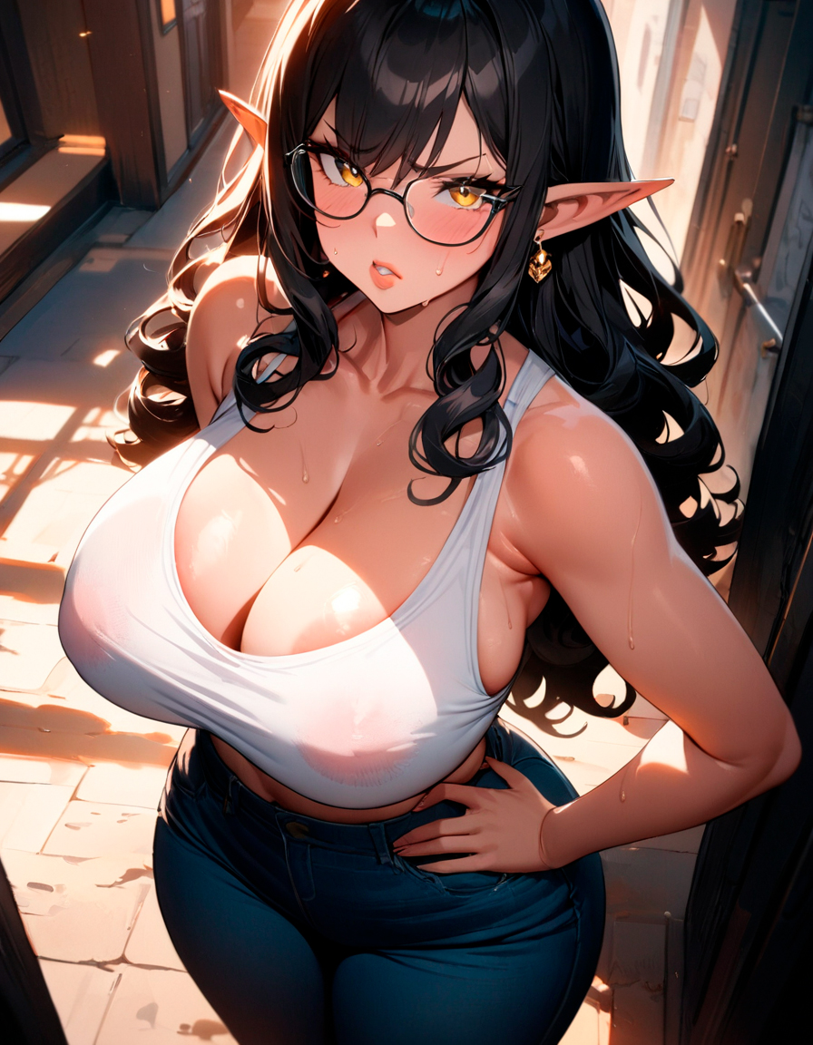 ai_generated angry areolae big_breasts black_hair breasts cleavage curly_hair curvy curvy_body curvy_female curvy_figure curvy_hips cute elf elf_ears frustrated glasses grumpy hair_between_eyes huge_breasts jeans landlord long_hair massive_breasts mature_female milf mommy mrs._busty_(starlightnex) no_bra original original_character pointy_ears rude see-through shorter_female shortstack slim_waist starlightnex sweat thick thick_ass thick_hips thick_lips thick_thighs thighs white_shirt wide_hips yellow_eyes