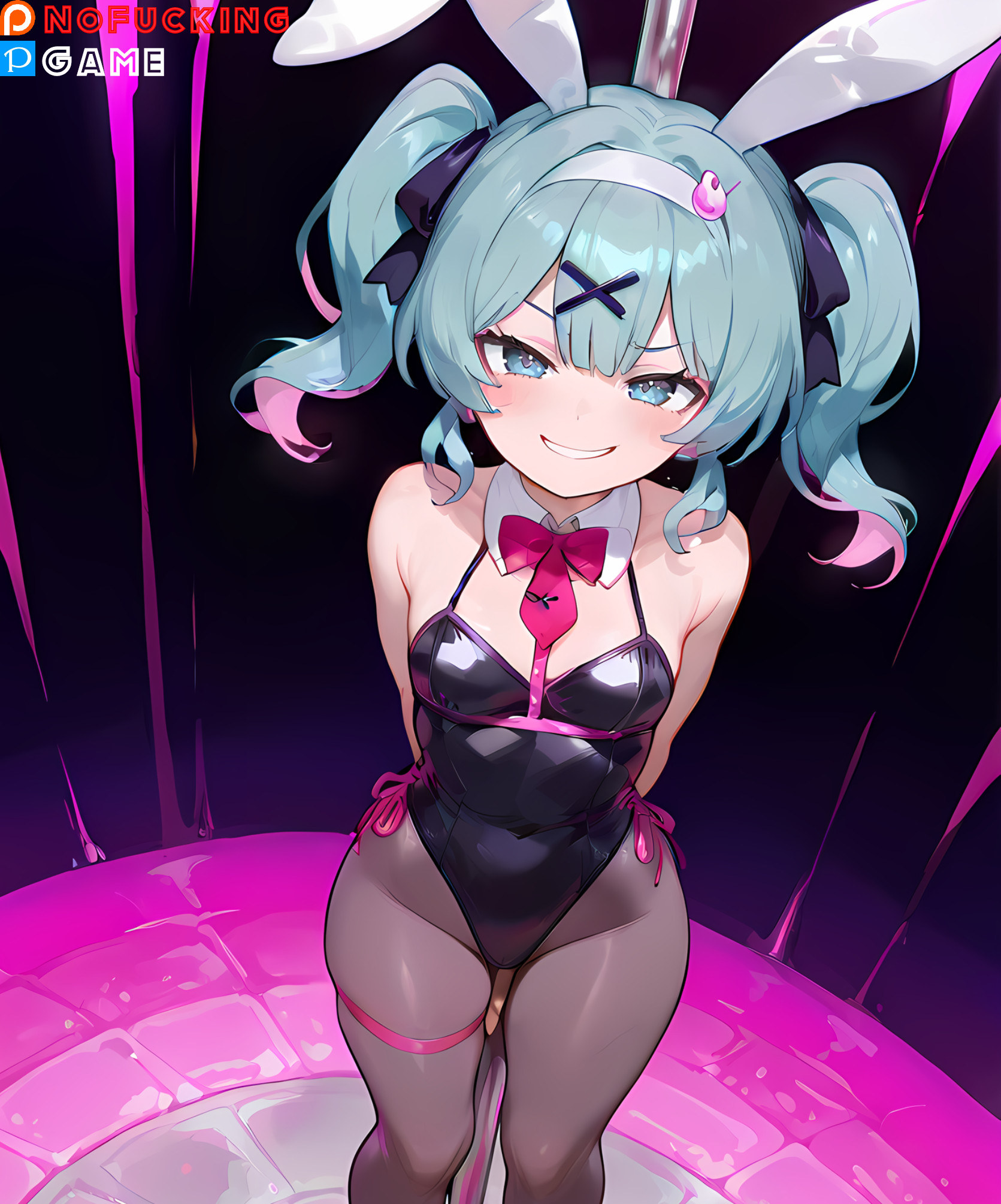 1girl, ai generated, animal ears, aqua eyes, aqua hair, arms behind back, bangs, bare shoulders, black legwear, black leotard, black pantyhose, black ribbon, blue eyes, blue hair, blush, bow, bowtie, breasts, brown legwear, bunny ears, bunnysuit, cleavage, clothing, covered navel, detached collar, fake animal ears, feet out of frame, female, grin, groin, hair ornament, hair ribbon, hairband, hairclip, hatsune miku, headwear, high resolution, highleg, highleg leotard, legwear, leotard, long hair, looking at viewer, multicolored hair, navel, necktie, neckwear, nofuckinggame, pantyhose, pink bow, pink bowtie, pink hair, pink neckwear, playboy bunny, rabbit ears, rabbit hole (vocaloid), red neckwear, ribbon, skindentation, small breasts, smile, solo, standing, strapless, strapless leotard, thigh strap, thighs, tied hair, twintails, vocaloid, wrist cuffs, x hair ornament