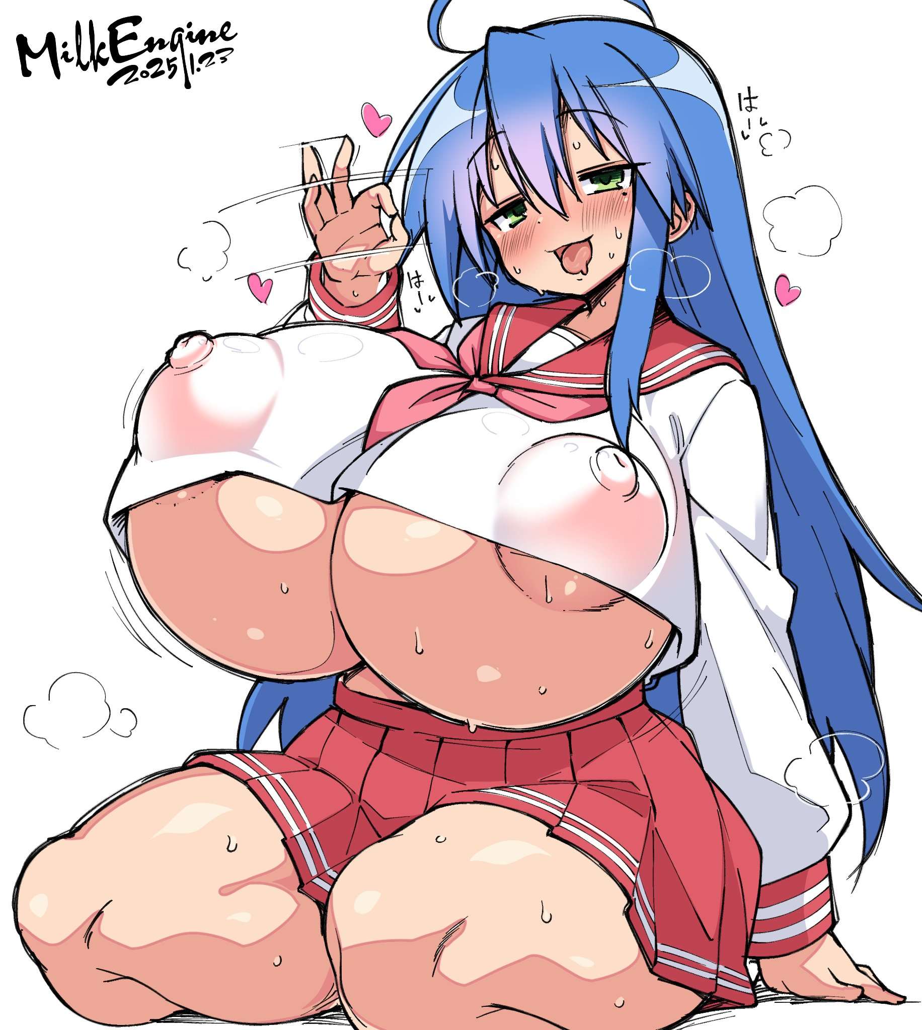 1girls, 2025, aged up, alternate breast size, big breasts, blue hair, blush, breasts, female, handjob gesture, huge breasts, konata izumi, kyosuke fujiwara, lucky star, milk engine, nipples, nipples visible through clothing, pubes, pubic hair, skirt, smile, sweat, tagme, transparent clothing, underboob