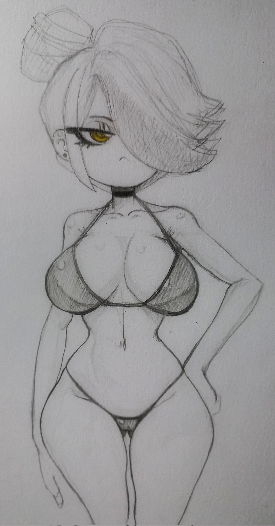 alter_belt bikini fhs fhsz3r0 fnafhs fnafhs_z3ro fnafhsrule34 graphite_(artwork) greyscale hand_drawn meg_(fnafhs) pencil_(artwork) traditional_media_(artwork) yellow_eyes