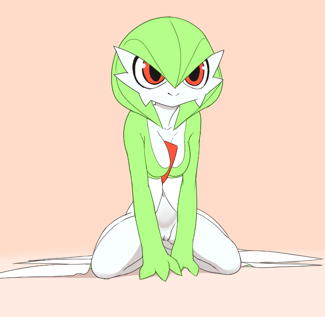 bad_id bad_tumblr_id bob_cut cleft_of_venus colored_skin dress female gardevoir green_hair green_skin masterploxy mrploxy mrploxykun multicolored_skin pink_eyes pokemon pokemon_(creature) pussy sitting smile two-tone_skin white_dress white_skin