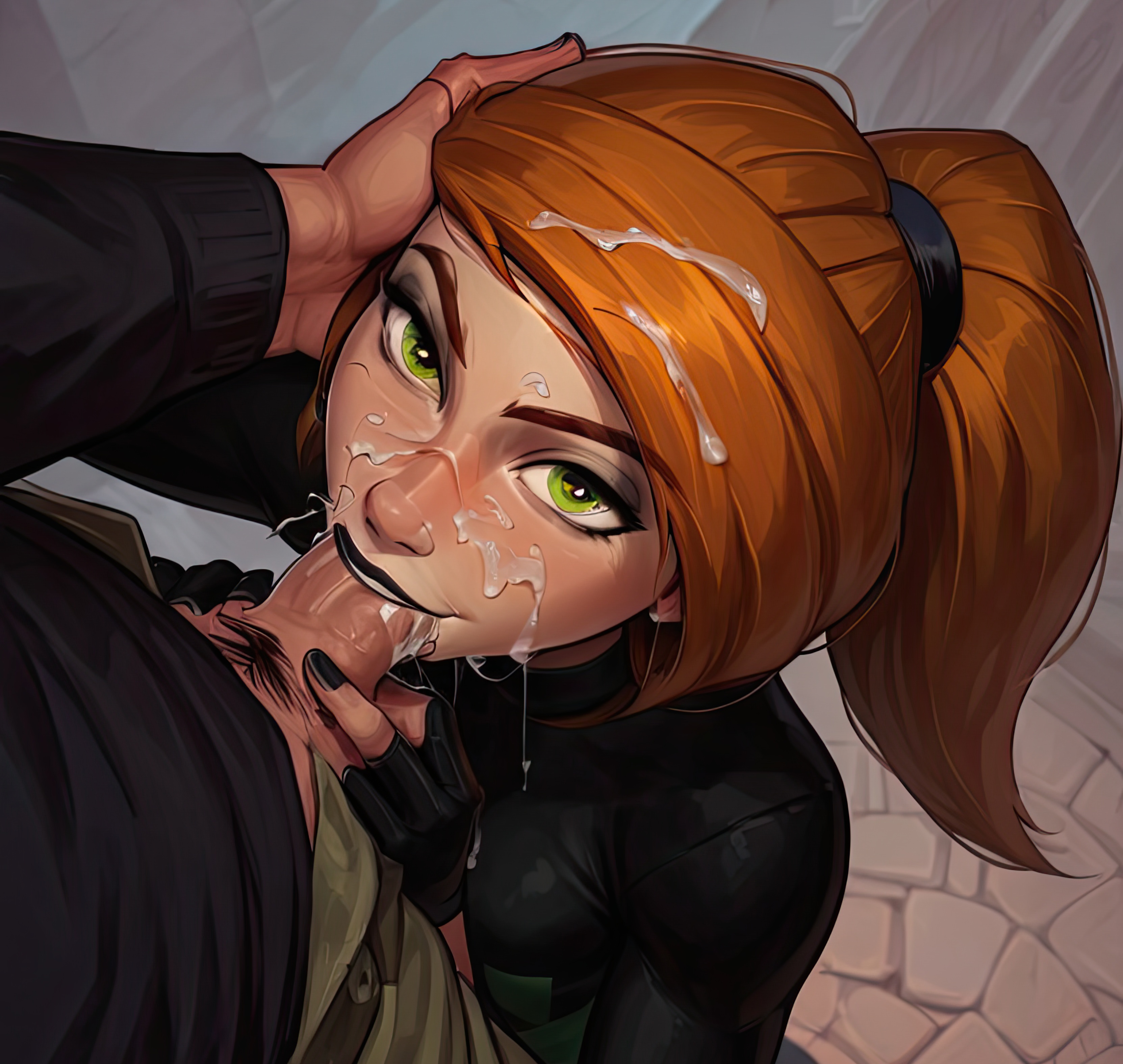 1boy, 1girls, ai generated, black lipstick, black nails, blowjob, cum, cum in hair, cum on face, disney, fellatio, female, green eyes, kim possible, kimberly ann possible, lipstick, male, nail polish, orange hair, sulophian
