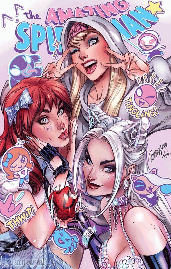 3girls bare_shoulders black_cat_(marvel) blonde_hair bow breasts bug claws cleavage comic_cover felicia_hardy fingerless_gloves fingernails gloves grey_hair gwen_stacy hair_ornament hairbow headband hood j_scott_campbell long_hair long_sleeves looking_at_viewer marvel marvel_comics mary_jane_watson multiple_girls one_eye_closed open_mouth peter_parker pout red_hair red_headband smile spider spider-gwen spider-man spider-man_(series) venom_(marvel)