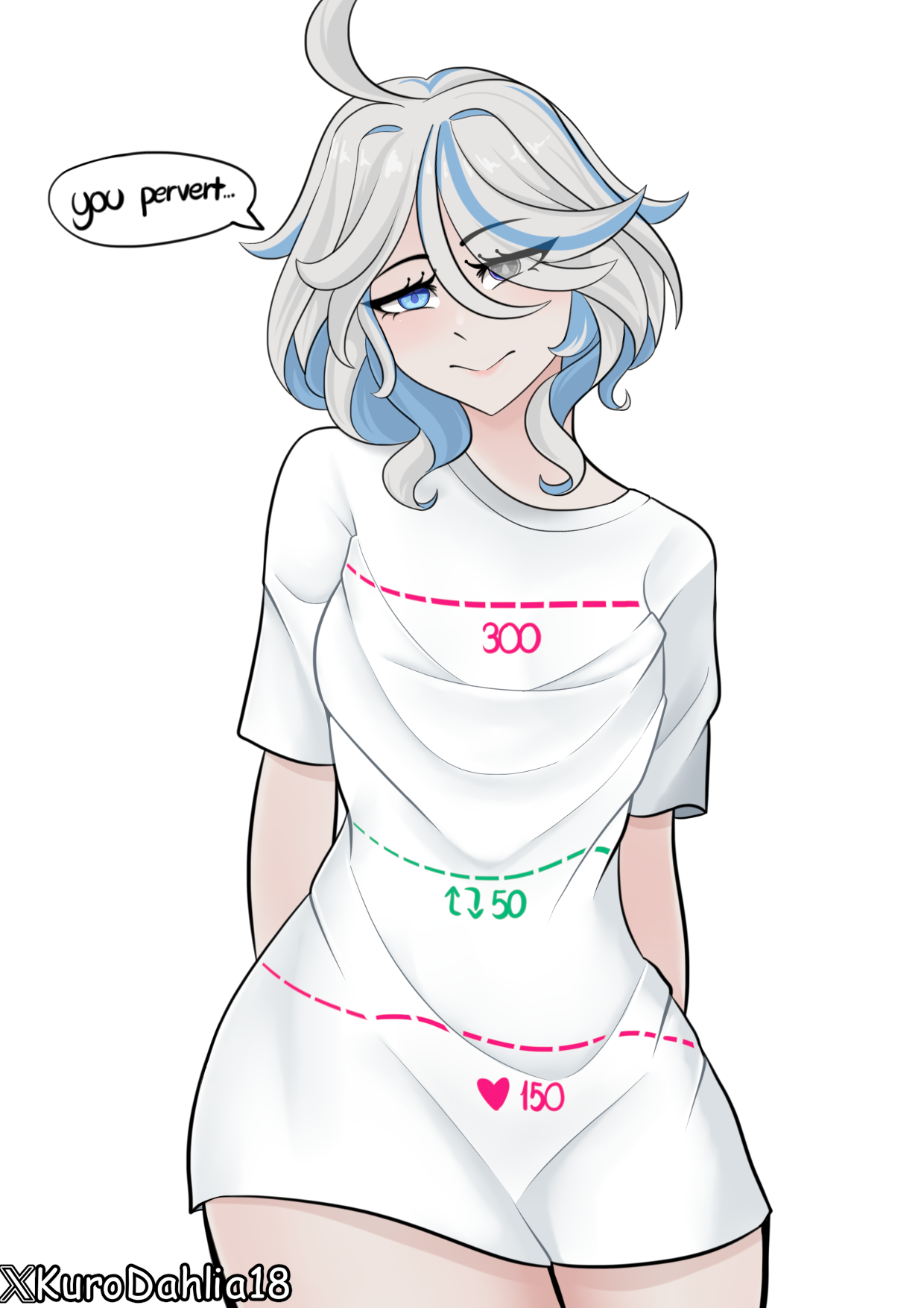 1girls, breasts, female, furina (genshin impact), genshin impact, heterochromia, kurodahlia18, shirt, small breasts, solo female, t-shirt, t-shirt-meme, thick thighs, thin waist, white hair