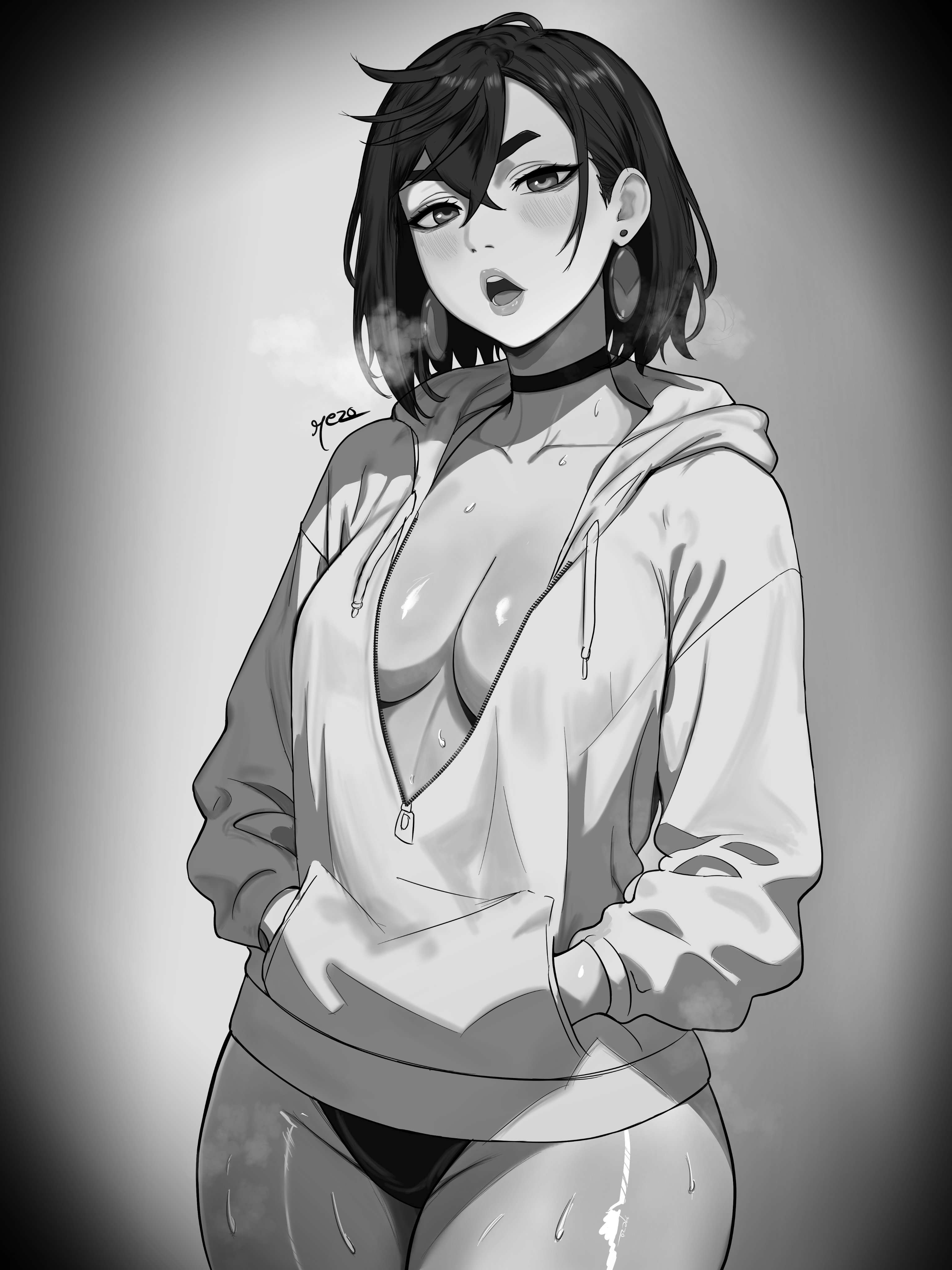1girls, ayase momo, blush, breasts, choker, cleavage, dandadan, earrings, female, female only, hoodie, hoodie only, looking at viewer, medium breasts, monochrome, rezo, solo female, standing, sweat, teenage female, teenager, thick thighs, thighs, young female