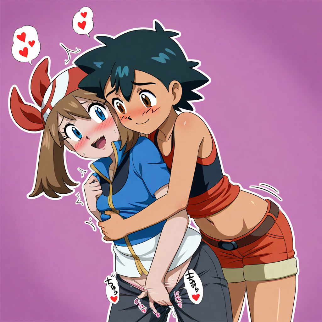 1boy 1girls ai_generated couple haruka_(pokemon) may_(pokemon) pokemon satoshi_(pokemon) satoshi_(pokemon)