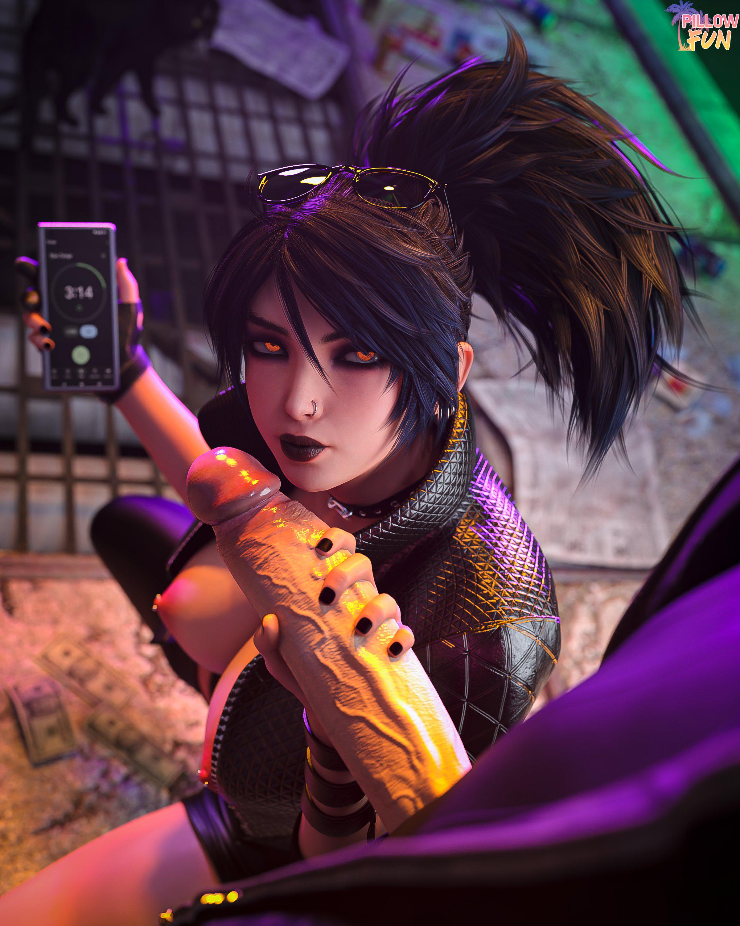 akali, alternate costume, breasts, female, glasses on head, holding penis, holding phone, league of legends, male, penis, pillowfun, squatting