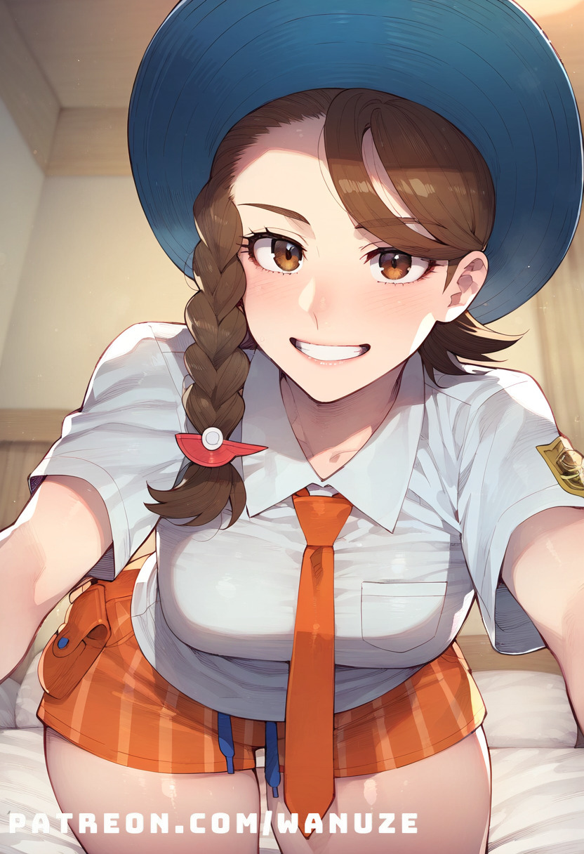 ai_generated all_fours big_ass big_butt big_thighs blush brown_eyes brown_hair hat huge_ass huge_butt juliana_(pokemon) necktie orange_pants pokemon pokemon_sv school_uniform small_breasts wanuze white_shirt wide_hips