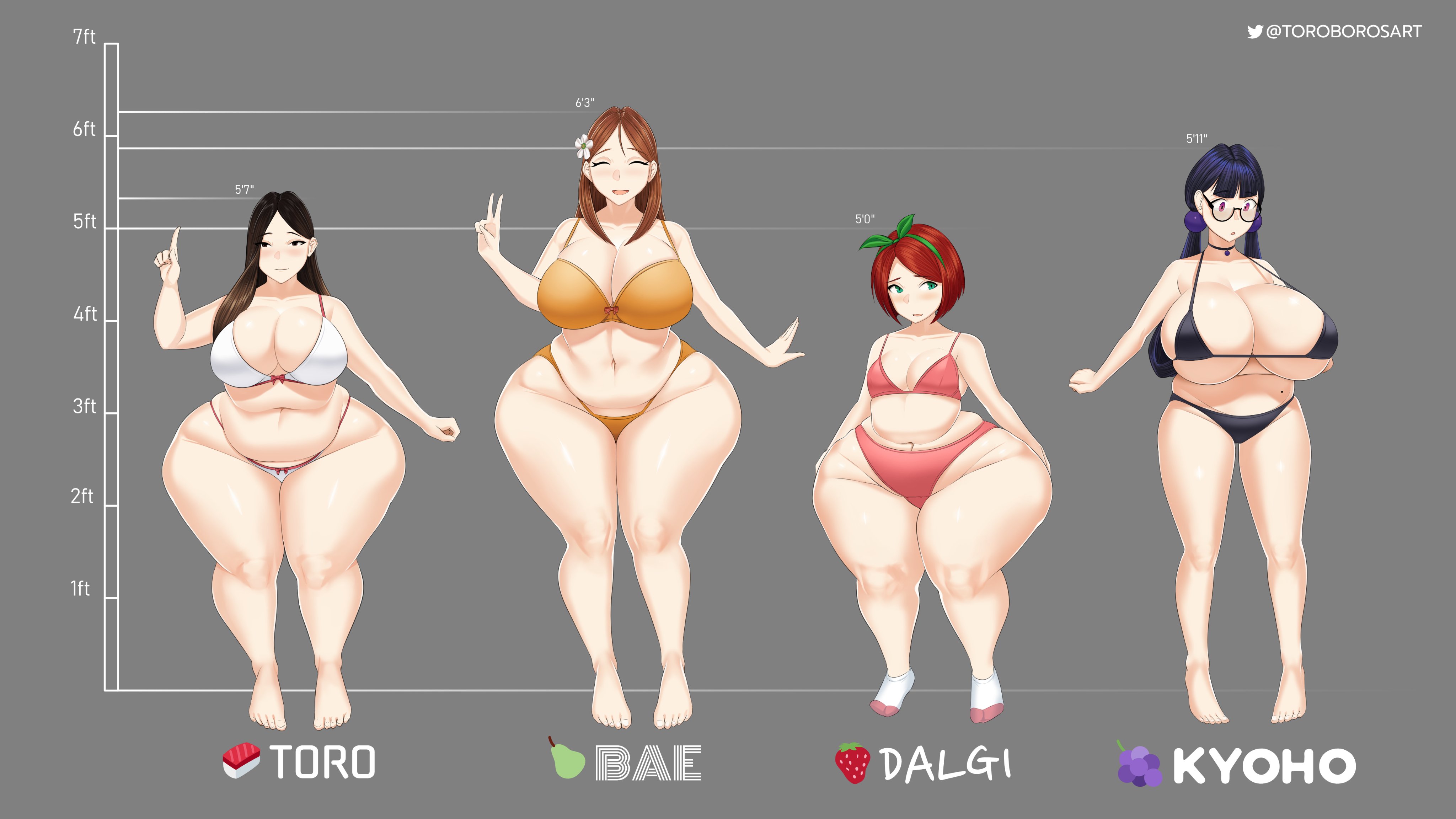 4girls, ass, bbw, big ass, big breasts, bottom heavy, breasts, chubby, cleavage, female, female only, huge ass, huge breasts, hyper hips, large breasts, looking at viewer, multiple females, multiple girls, overweight, overweight female, plump, small breasts, thick, thick ass, thick thighs, toroboro, voluptuous, wide hips