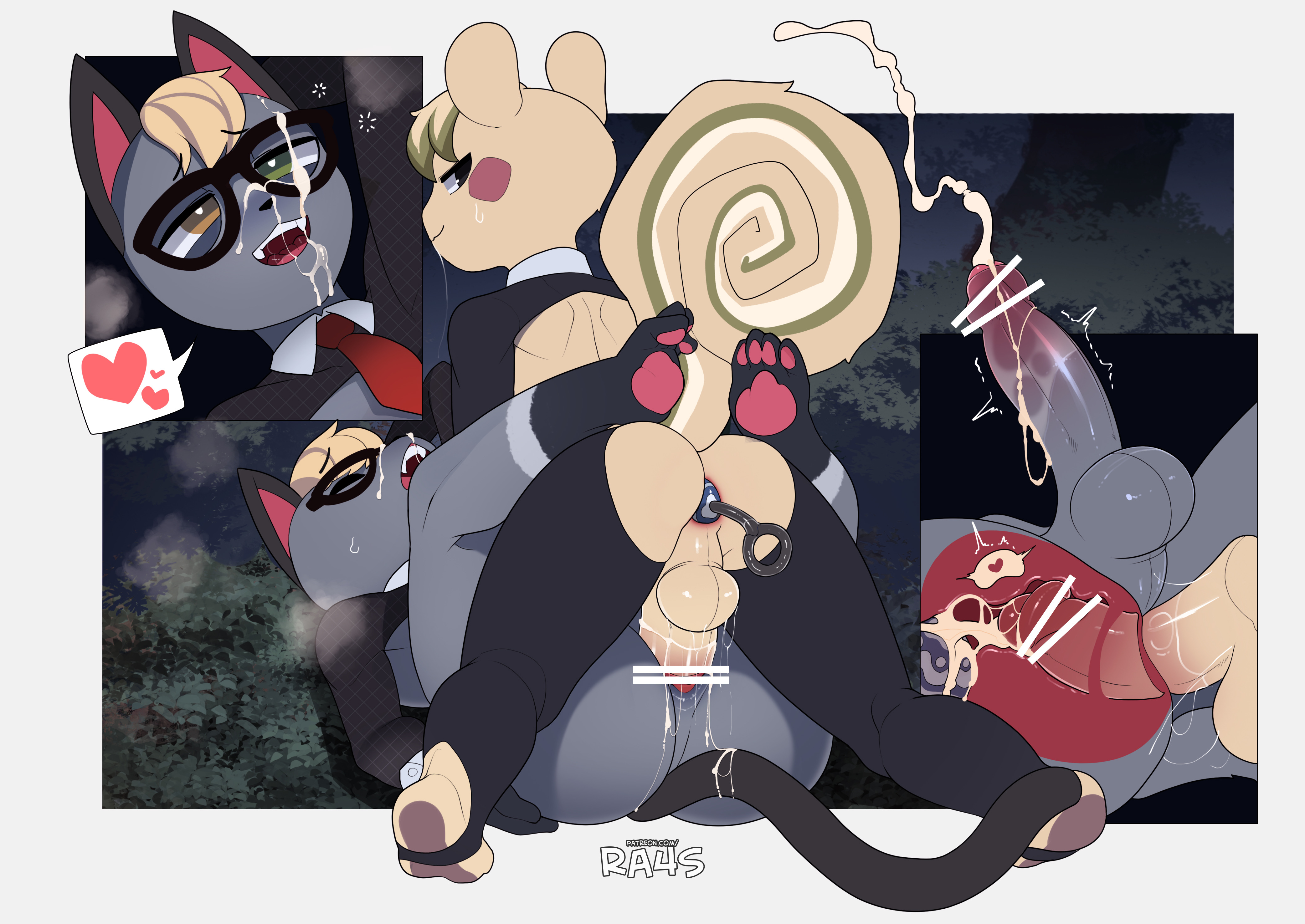 2020, 2boys, anal beads, animal crossing, animal crossing new horizons, anus, ass, balls, big penis, bottomless, censored, cum, cum in ass, cum inside, cum on face, cum on glasses, cum while penetrated, cumshot, digital media (artwork), femboy, femboydom, furry, gay, hands-free, heart, heterochromia, interspecies, male, male penetrated, male penetrating, male penetrating male, marshal (animal crossing), nintendo, penis, ra4s, raymond (animal crossing), semen, tail, toe beans, vest, waistcoat, watermark, x-ray, yaoi, year request