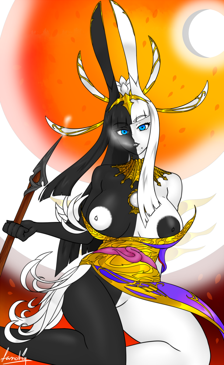 beauty_mark big_breasts black_hair blue_eyes breasts clothed clothing dark-skinned_female dark_skin deity fanatiq final_fantasy final_fantasy_xiv jewelry kiseru light-skinned_female light_skin looking_at_viewer moon necklace nipples primal_(final_fantasy) rabbit_ears rabbit_humanoid smoke smoking smoking_pipe solo solo_female tagme tsukuyomi_(ffxiv) white_hair yotsuyu_(final_fantasy_xiv)