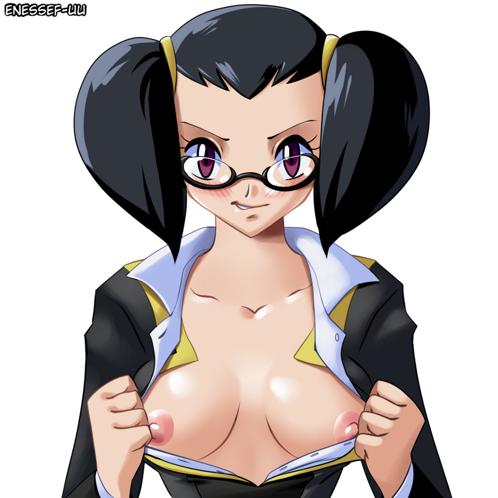 1girls black_hair blush breasts enessef-uu female_only glasses human looking_at_viewer of_illusions pigtails pokemon pokemon—zoroark:_master_of_illusion pokemon_(movie) pokemon_dppt purple_eyes rioka_(pokemon) rowena_(pokemon) smirk text twintails unbuttoned watermark