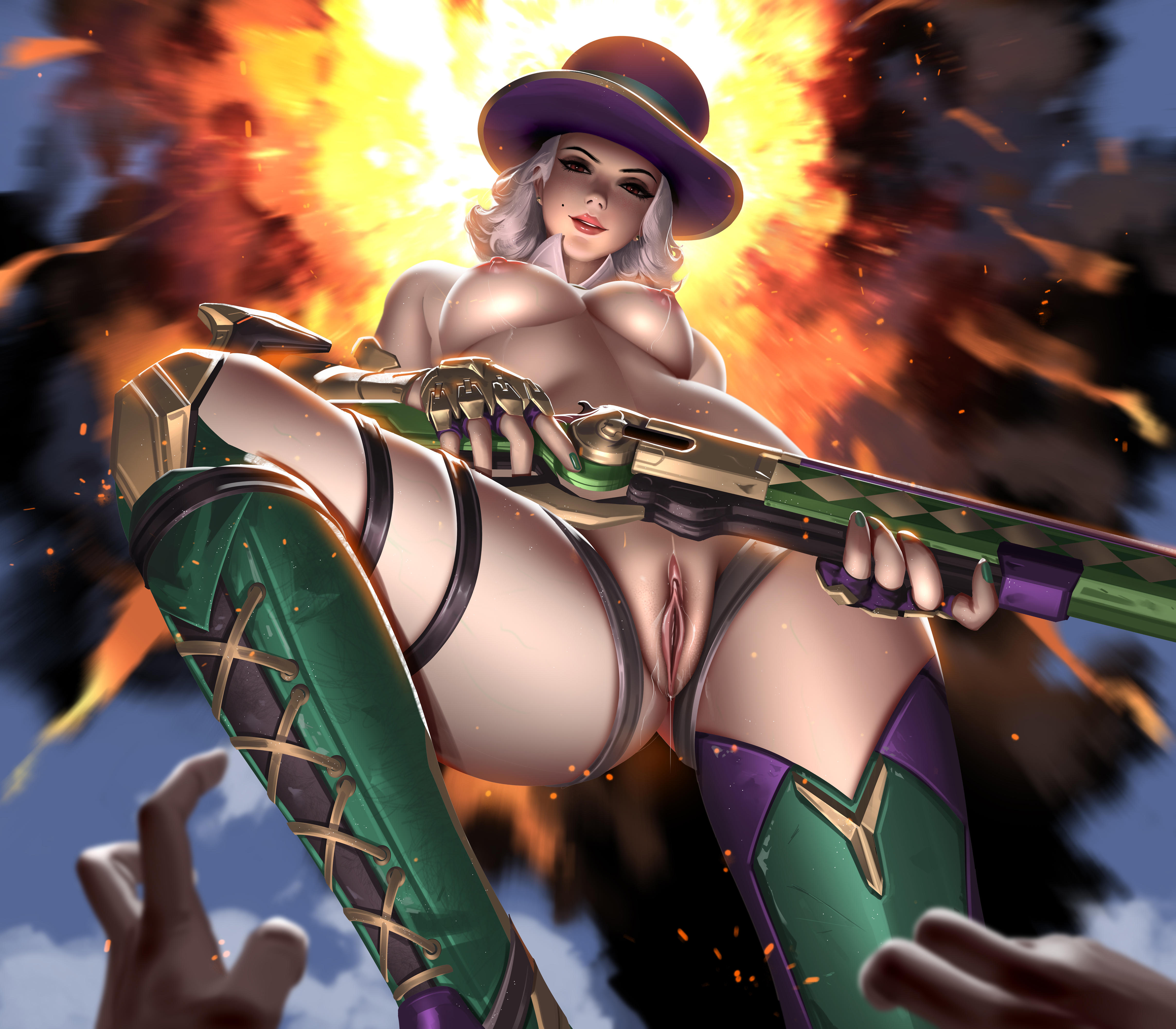 2d, ashe (overwatch), blizzard entertainment, breasts, female, from below, gun, highres, large breasts, liang xing, mardi gras ashe, naked footwear, nipples, overwatch, solo, tagme