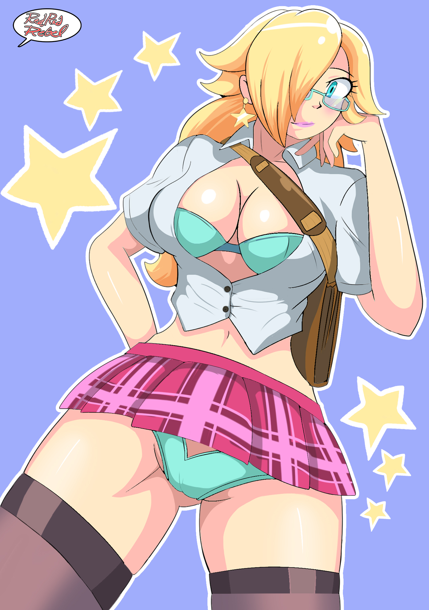 1girls, alternate costume, ass visible through thighs, barely visible genitalia, black legwear, black thighhighs, blonde hair, blue bra, blue eyes, blue panties, bra, bra cups sticking out, breasts, cameltoe, cleavage, clothing, crotch, earrings, female, female only, glasses, long hair, mario (series), matching underwear, miniskirt, nintendo, open clothes, open shirt, panties, pink skirt, princess rosalina, pussy, redradrebel, school uniform, schoolgirl, shirt, solo, thighhighs, upskirt, white shirt