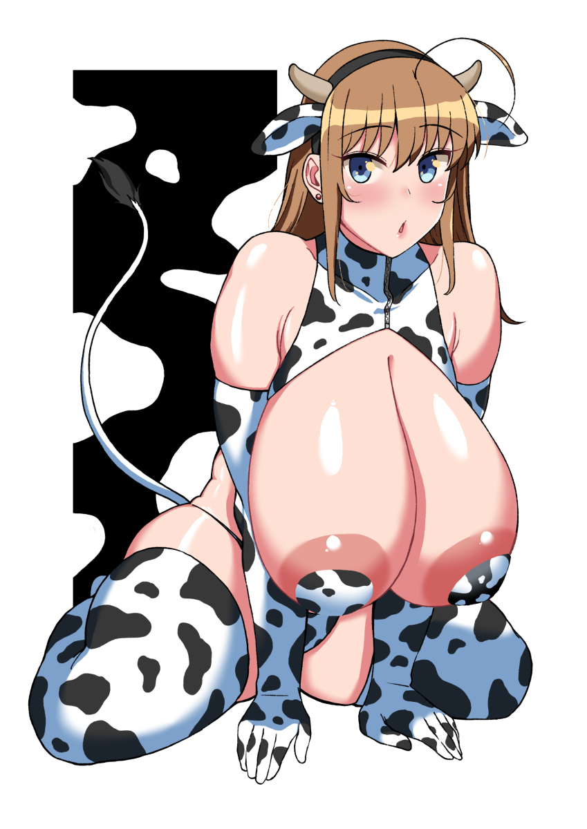 1girls ahoge animal_ears animal_print bikini blue_eyes breasts brown_hair cleavage cow_ears cow_girl cow_horns cow_pasties cow_print earrings elbow_gloves female gigantic_breasts gloves highres horns huge_breasts jewelry komusou_(jinrikisha) long_hair looking_at_viewer ooba_minori original pasties sitting solo stud_earrings swimsuit thick_thighs thighhighs thighs wariza