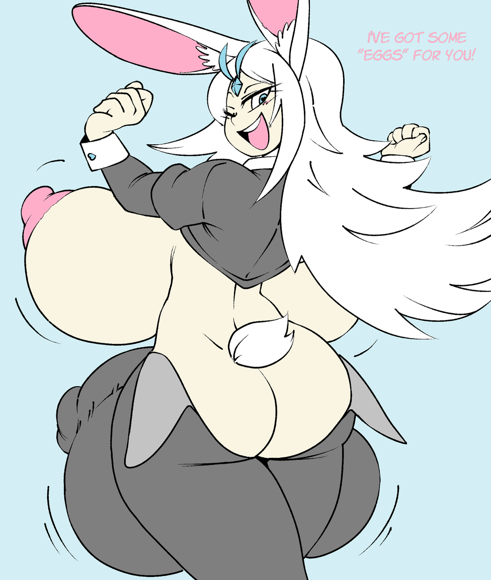 1futa, angstrom, ass, backboob, balls, blush, breasts, bunny ears, bunny tail, colored, futanari, heart-shaped pupils, huge balls, huge breasts, huge cock, intersex, looking back, penis, penis under clothes, rabbit humanoid, reverse bunnysuit, smile, solo futa, sponty, tail, talking to viewer, white hair, wink
