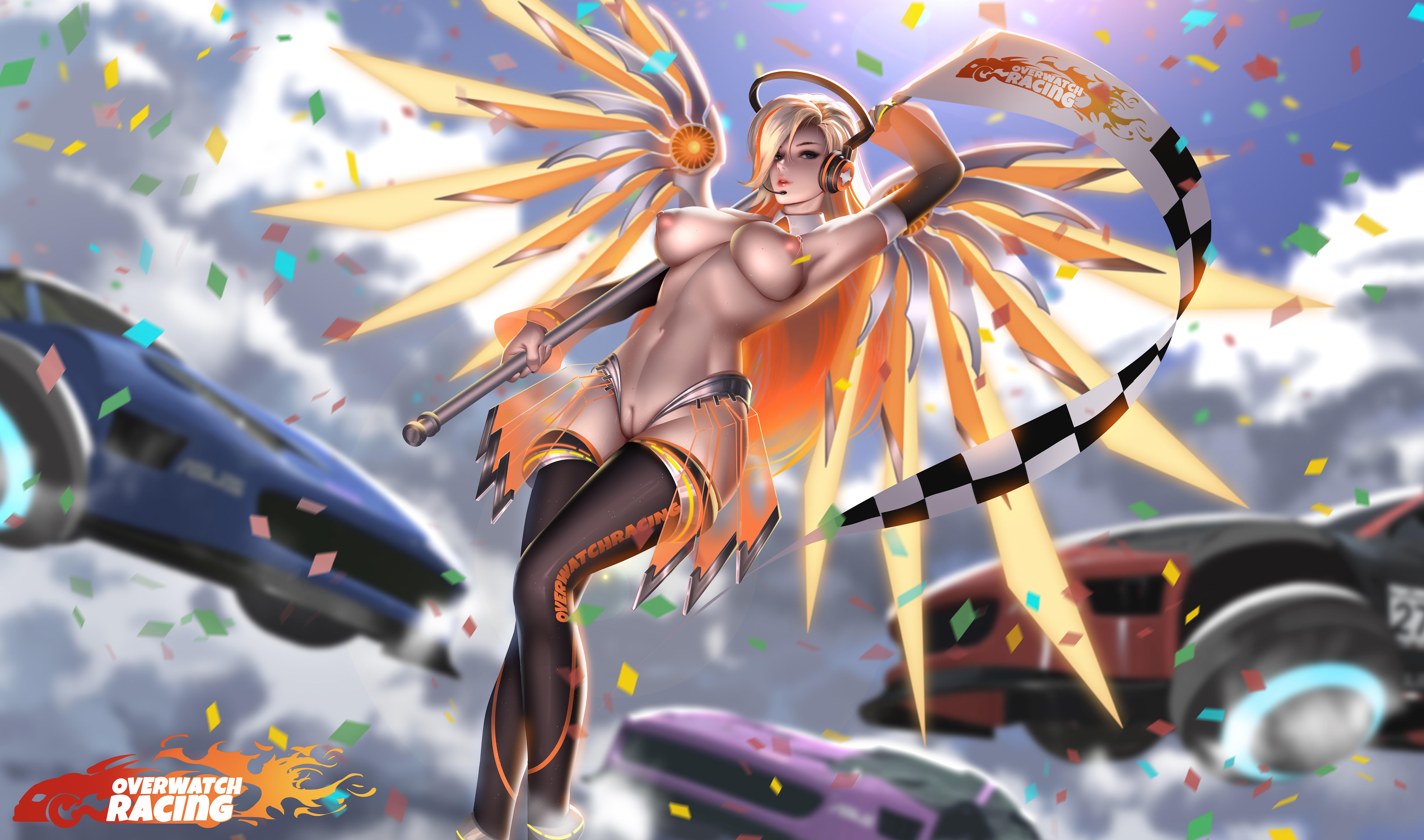 1girls, blizzard entertainment, breasts, female, highres, large breasts, liang xing, mercy, naked footwear, nipples, overwatch, race queen, solo, tagme