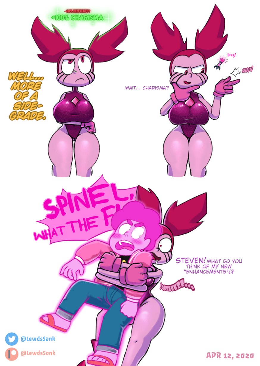 1boy 1girls 2020 alternate_version_available big_breasts blush breast_expansion dated erection gloves huge_breasts hugging_from_behind leotard patreon pink_eyes pink_hair pink_skin pink_steven saliva_trail sonikku spinel_(steven_universe) steven_quartz_universe steven_universe sweetdandy text thick_thighs twitter_username