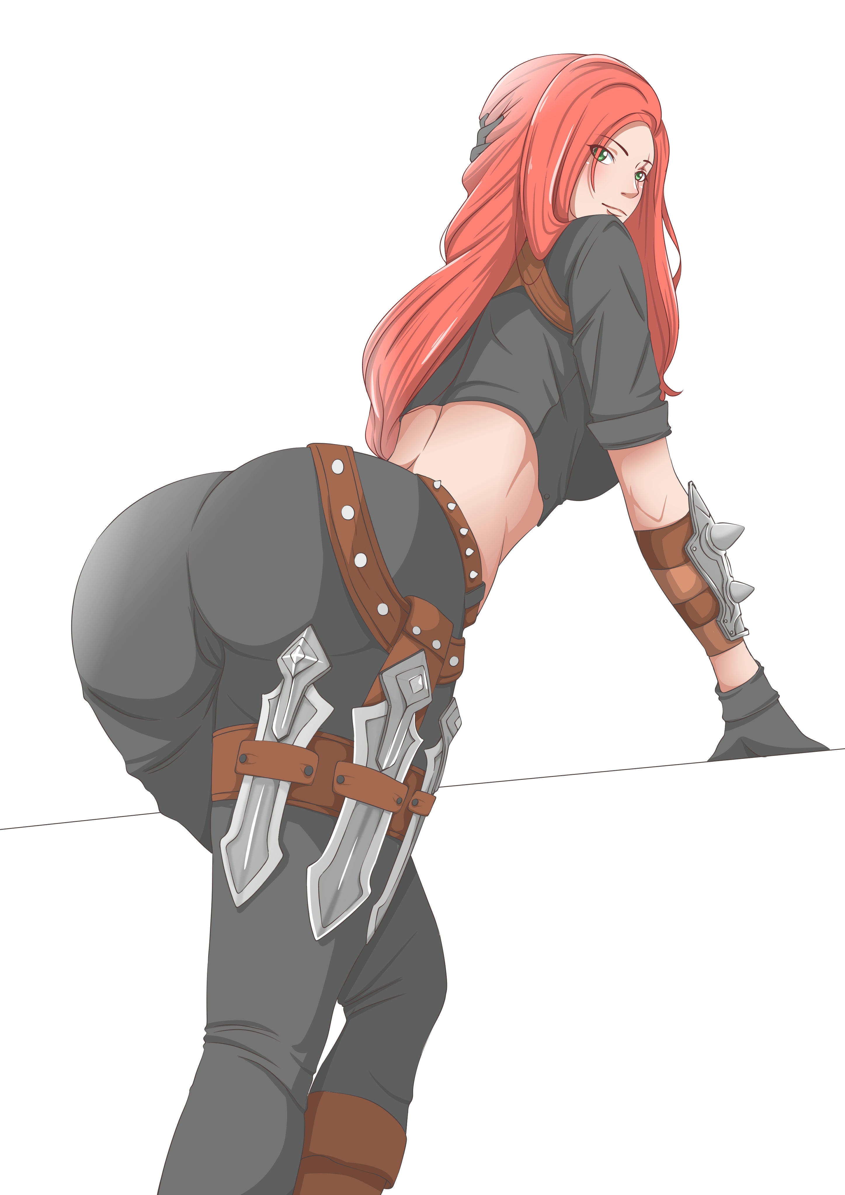 1girls, ass, black outfit, blades, female, green eyes, hikoharu, katarina du couteau, league of legends, red hair