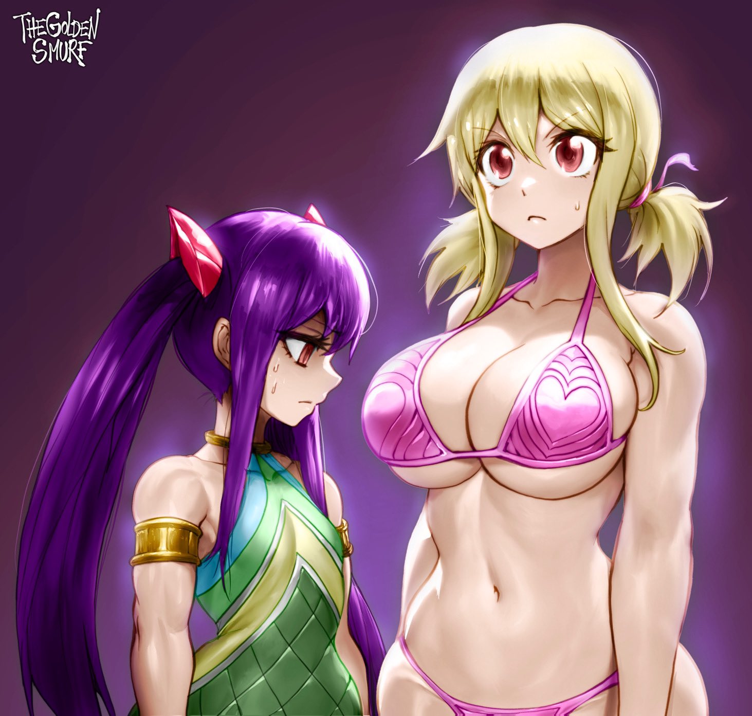 2girls, alternate breast size, bikini, bikini bottom, blonde hair, blonde-haired female, blue hair, blue-haired female, breast envy, breasts, color, fairy tail, female, female only, hi res, large breasts, looking at breasts, lucy heartfilia, muscular, muscular female, oblivious, pink bikini, purple hair, red eyes, small breasts, staring at breasts, sweatdrop, thegoldensmurf, thin waist, tied hair, twintails, wendy marvell, young
