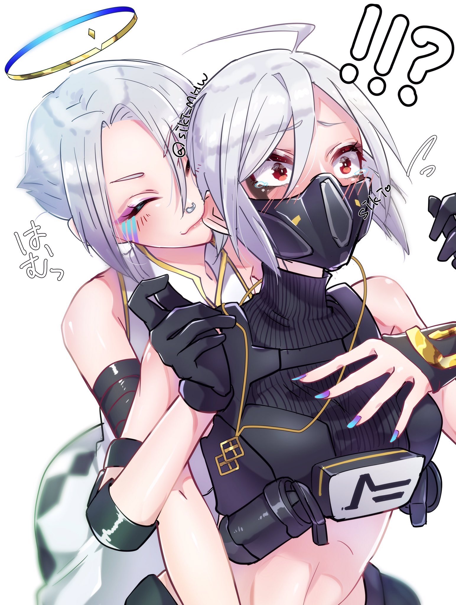 ark (fortnite), biting ear, blush, cute, embarrassed crying, epic games, female, fingering, fingers in pussy, fortnite, hush (fortnite), pussy, red eyes, siki mhw, sweat, tagme, white hair, yuri
