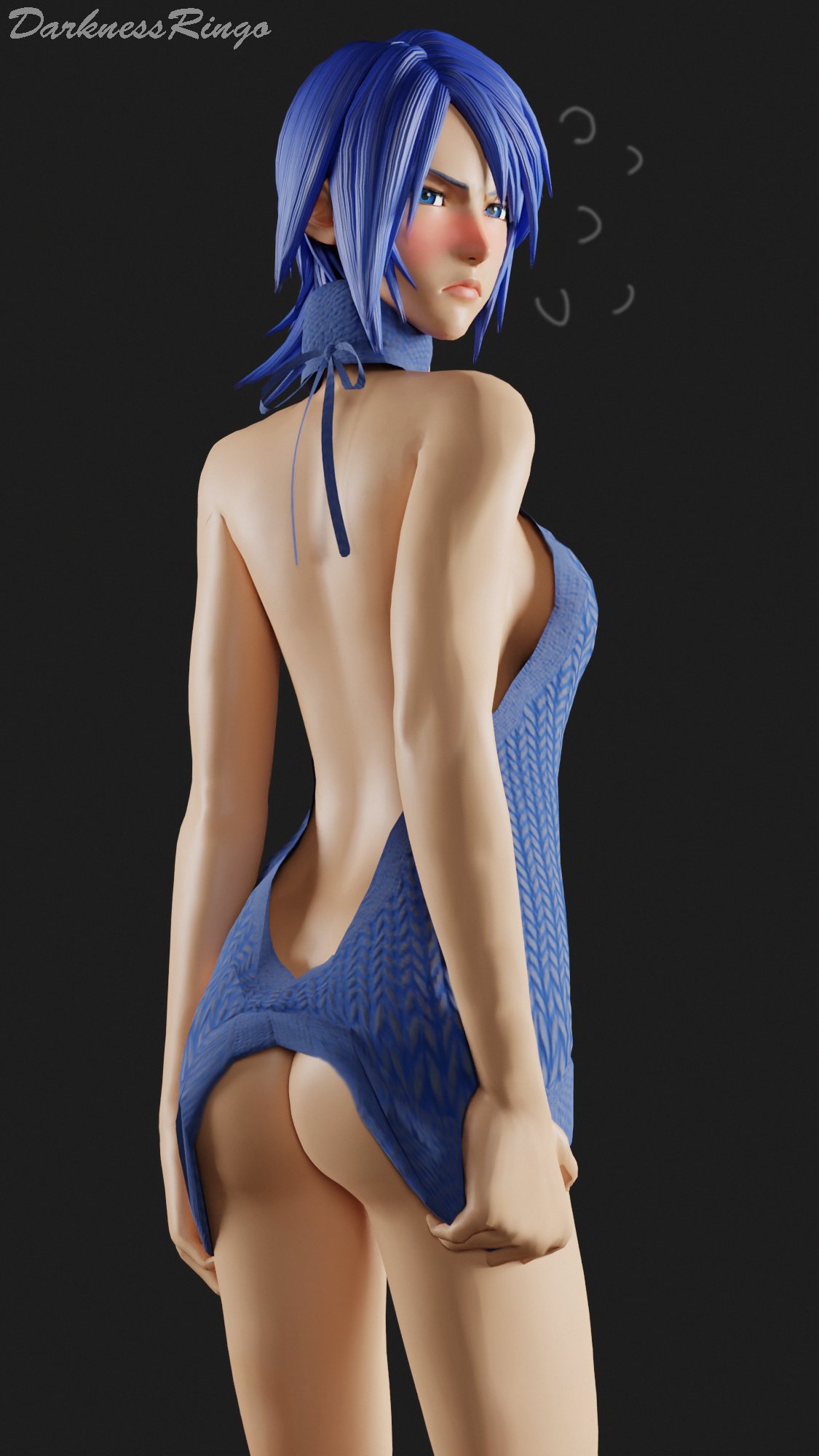 1girls, 3d, 3d (artwork), aqua (kingdom hearts), ass, blue eyes, blue hair, blue-haired female, blush, darknessringo, disney, female, frown, highres, kingdom hearts, looking at viewer, looking back, short hair, solo, square enix, virgin killer sweater