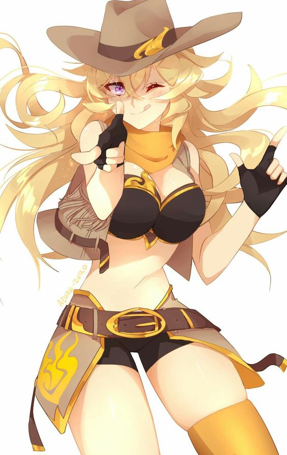 azure-zer0, bandana, belt buckle, blonde hair, breasts, buckle, cleavage, cow girl, cowboy hat, female, finger gun, fingerless gloves, gloves, hat, highres, large breasts, looking at viewer, one eye closed, pointing, pointing at viewer, purple eyes, rwby, scarf, shorts, sleeveless jacket, solo, western, wink, yang xiao long