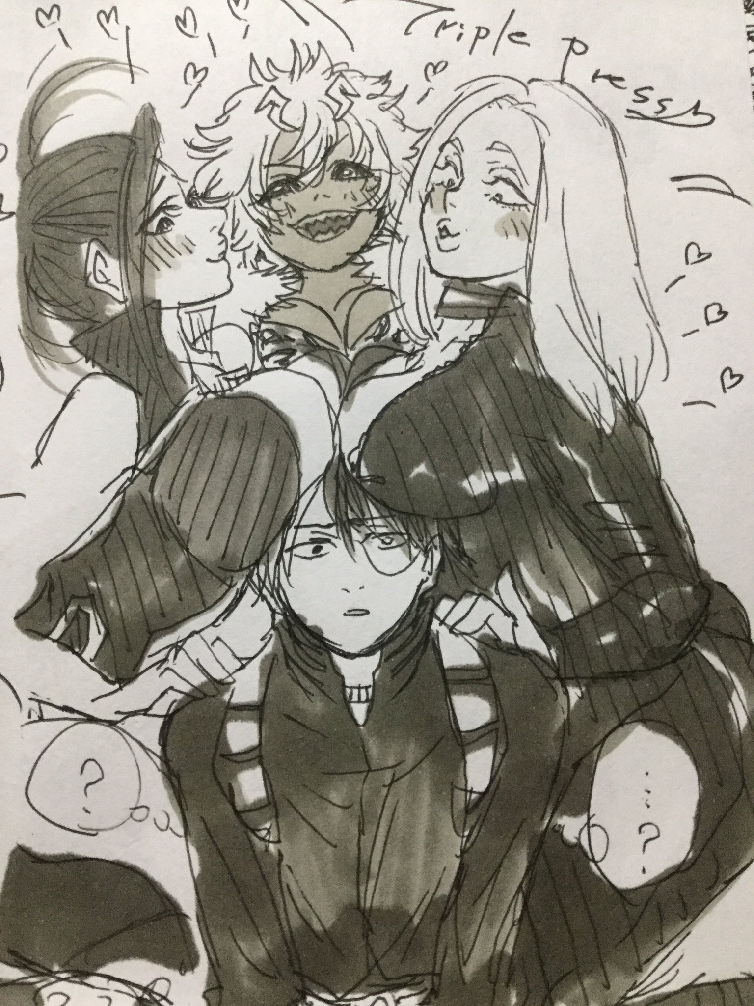 1boy, 2020, 3girls, big breasts, black and white, blush, breast press, breasts, breasts on face, camie utsushimi, embarrassed, female, front view, harem, heart, hero outfit (mha), hi res, human, human female, kdmdr, leotard, looking at partner, male, mina ashido, momo yaoyorozu, momo yaoyorozu (hero outfit), monochrome, my hero academia, pencil (artwork), shouto todoroki, superheroine, traditional media (artwork)
