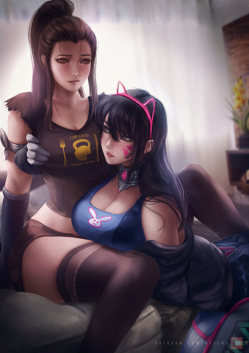 2d, 2girls, axsens, big breasts, breasts, brigitte, cat ears, clothing, d.va, female, overwatch, yuri