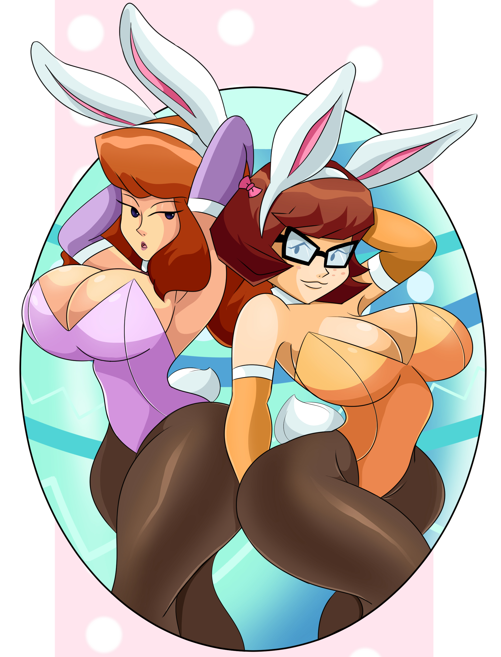 :3, 2girls, ass, ass to ass, big ass, big breasts, big butt, bimbo, breasts, brown hair, bubble ass, bubble butt, bunny ears, bunny girl, bunnysuit, busty, cartoon network, curvy, daphne blake, daphne blake (mystery incorporated), easter egg, fat ass, female, female only, freckles, glasses, hanna-barbera, huge ass, huge breasts, large ass, long hair, mystery inc, pantyhose, red hair, scooby-doo, scooby-doo! mystery incorporated, short hair, sonson-sensei, teenager, thick ass, thick thighs, velma dinkley, velma dinkley (mystery incorporated)