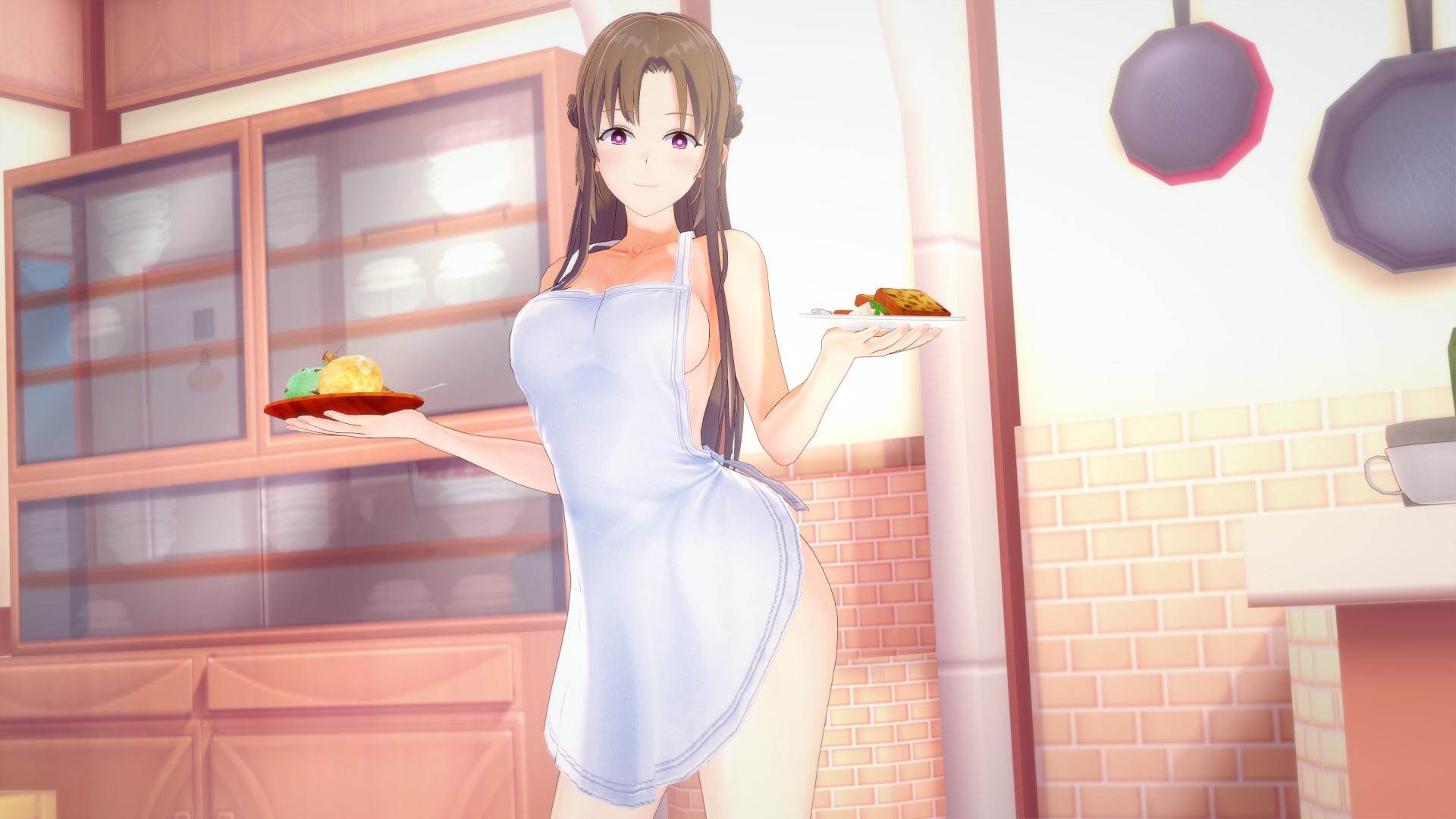 1girls, 3d, apron, bellsrow, breakfast, female, female only, koikatsu, milf, naked apron, oosuki mamako, solo, tagme, tsuujou kougeki ga zentai kougeki de ni-kai kougeki no okaasan wa suki desu ka?